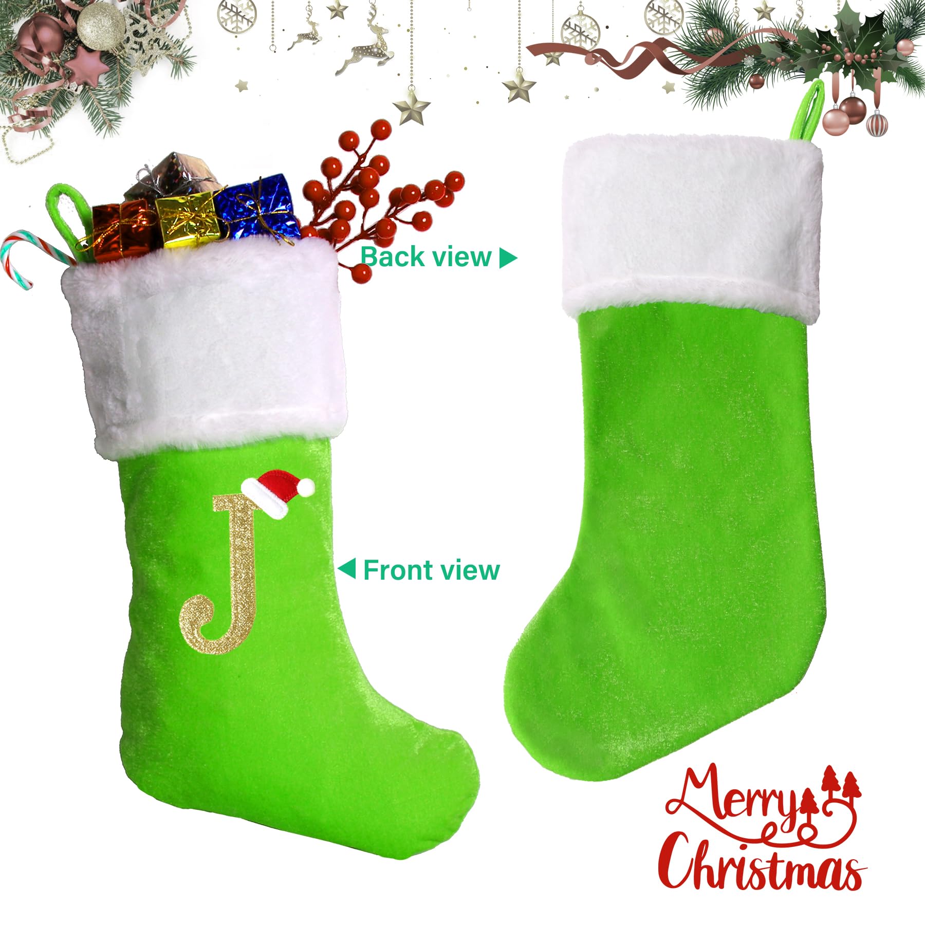 20 Inch Personalized Monogram Christmas Stockings - Large Green Velvet Stockings with White Plush Cuff for Fireplace Decor, Xmas Tree, Holiday Gifts - Family Name Embroidery Holiday Decorations