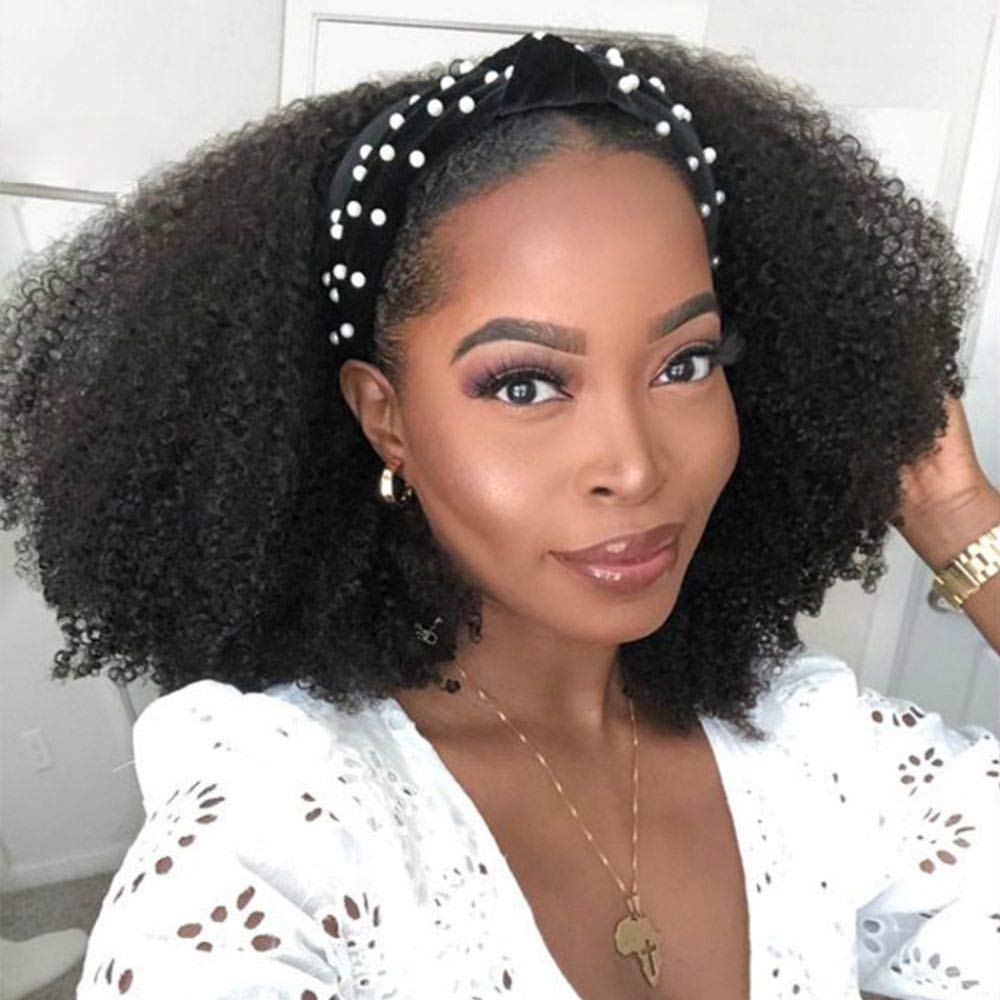 Afro Kinky Curly Headband Wig - Brazilian Remy Human Hair Glueless Half Wig for Black Women - 200% Density 14 Inch - Perfect for Daily Wear, Parties & Protective Styling