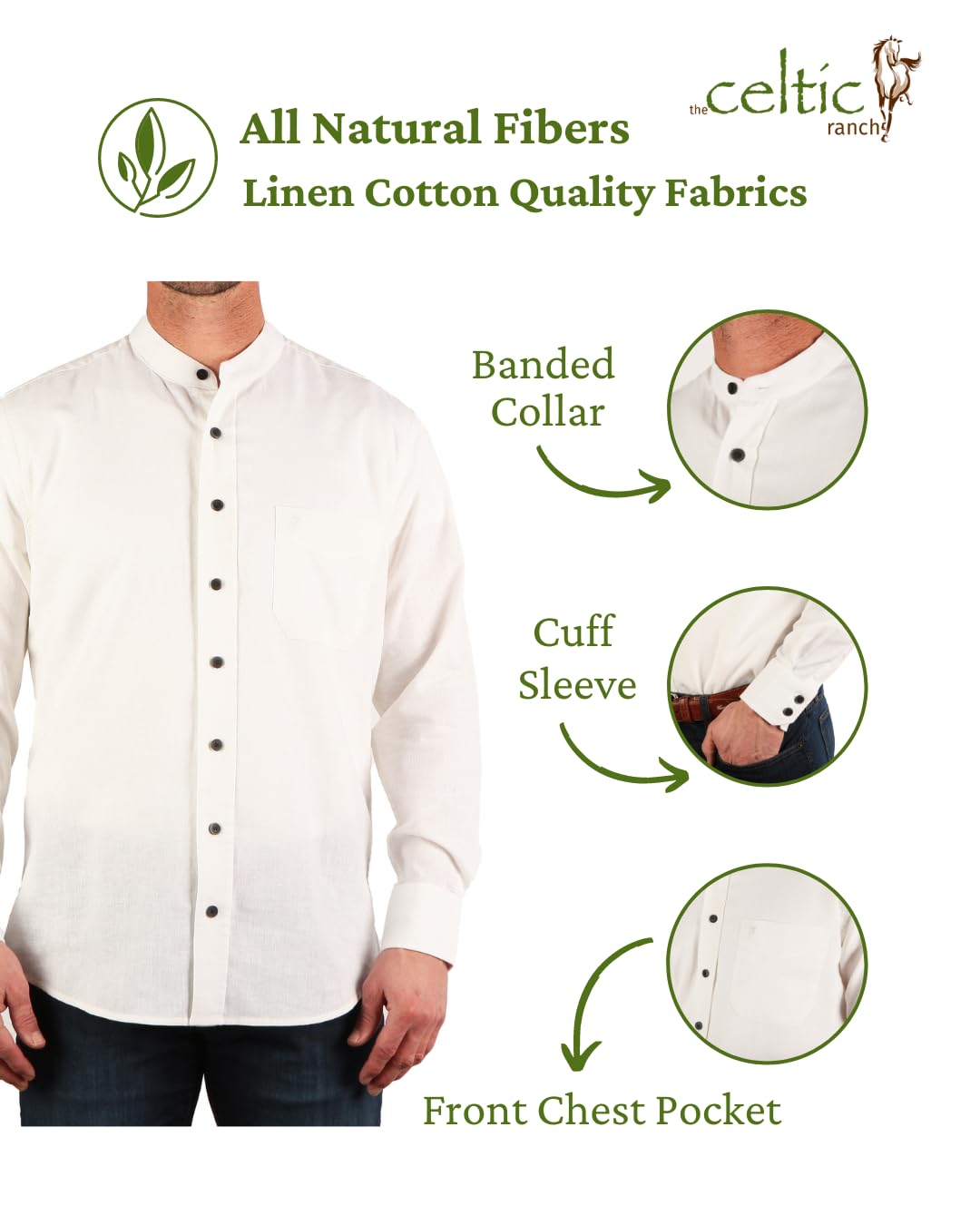 Traditional Irish Grandfather Collarless Shirt for Men - 100% Linen Cotton Blend Lightweight Long Sleeve Dress Shirt - Perfect for St. Patrick's Day, Irish Weddings & Casual Office Wear