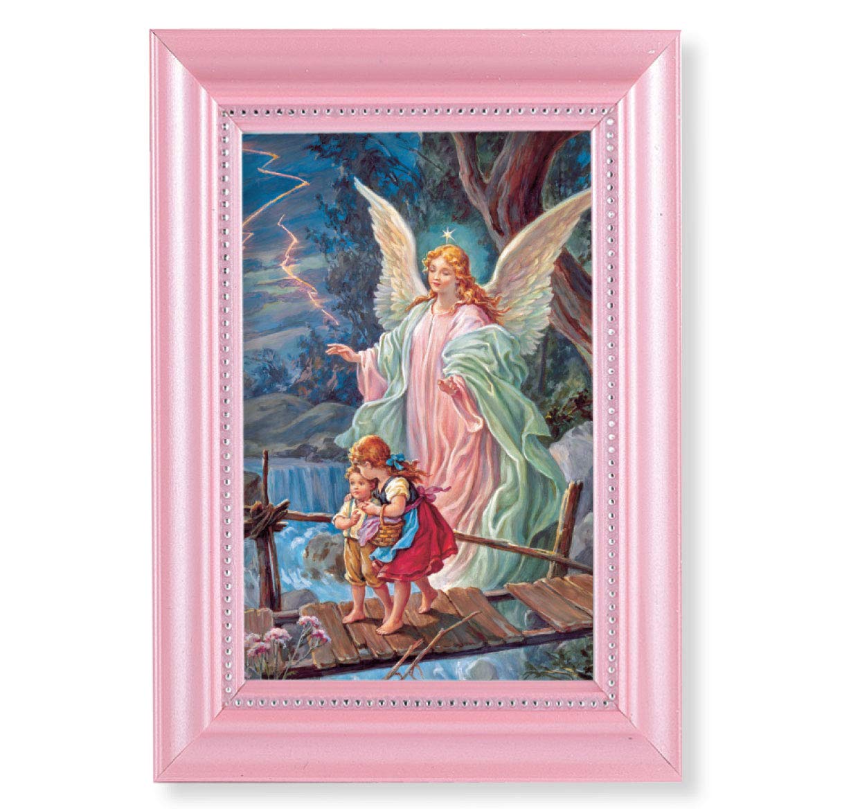Guardian Angel Picture Frame - Pearlized Pink 5.5x7 Inch with Beaded Lip & Glass Cover - Perfect for Home Decor, Gift Giving, and Spiritual Spaces