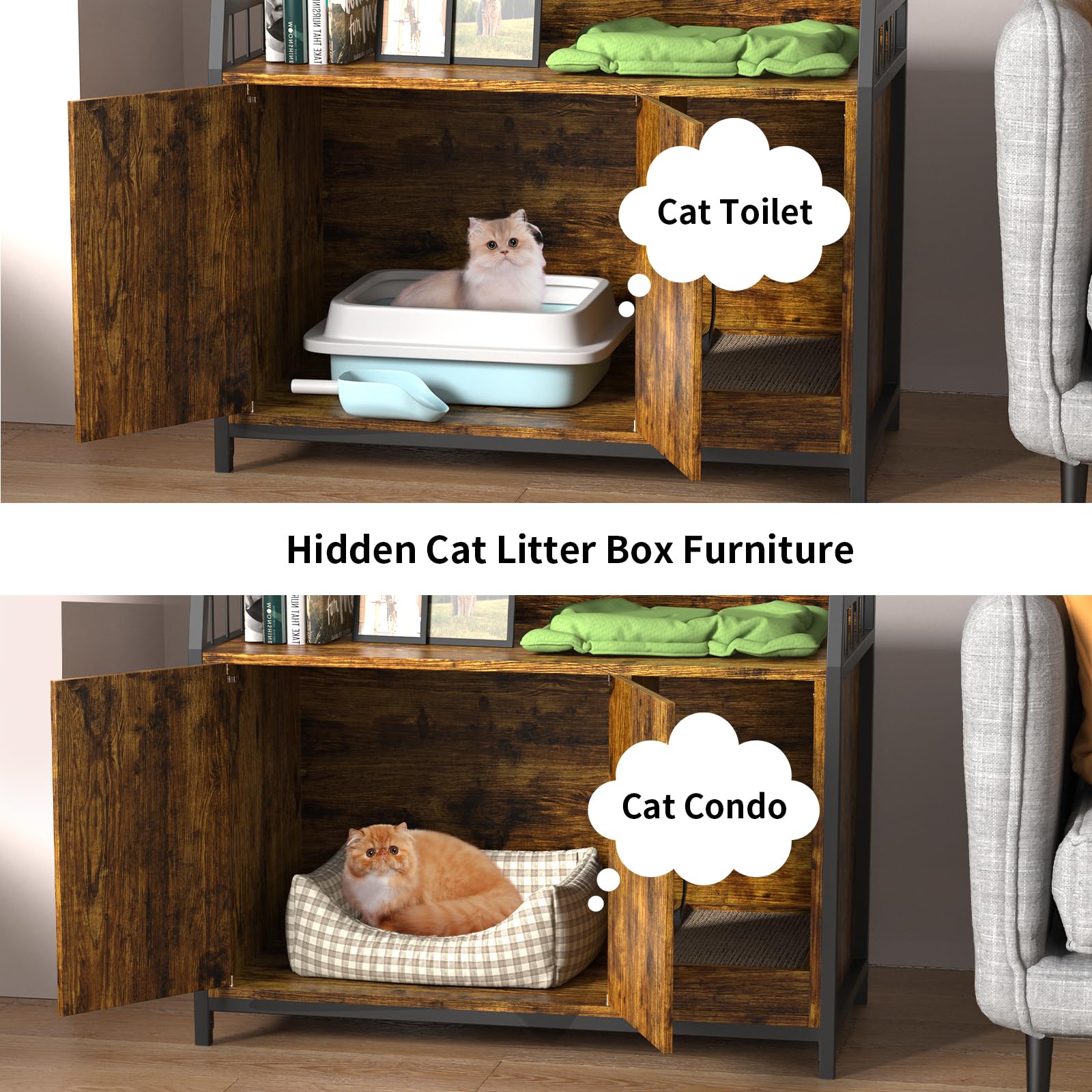 EasyCom Large Cat Litter Box Enclosure with Scratching Pad - Rustic Brown Wooden Hidden Litter Box Furniture with Shelves & Anti-Scratch Design | Perfect for Small Spaces, Home Decor & Odor Control