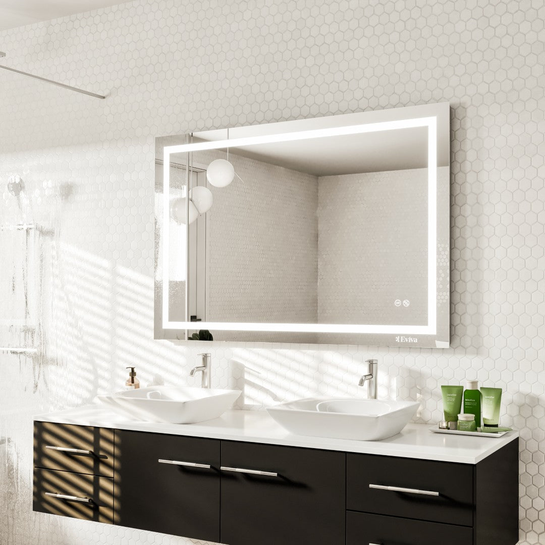 Eviva Glow 48 x 32 Inch Rectangular Frameless Bathroom Mirror - Perfect for Vanity, Makeup, and Home Decor
