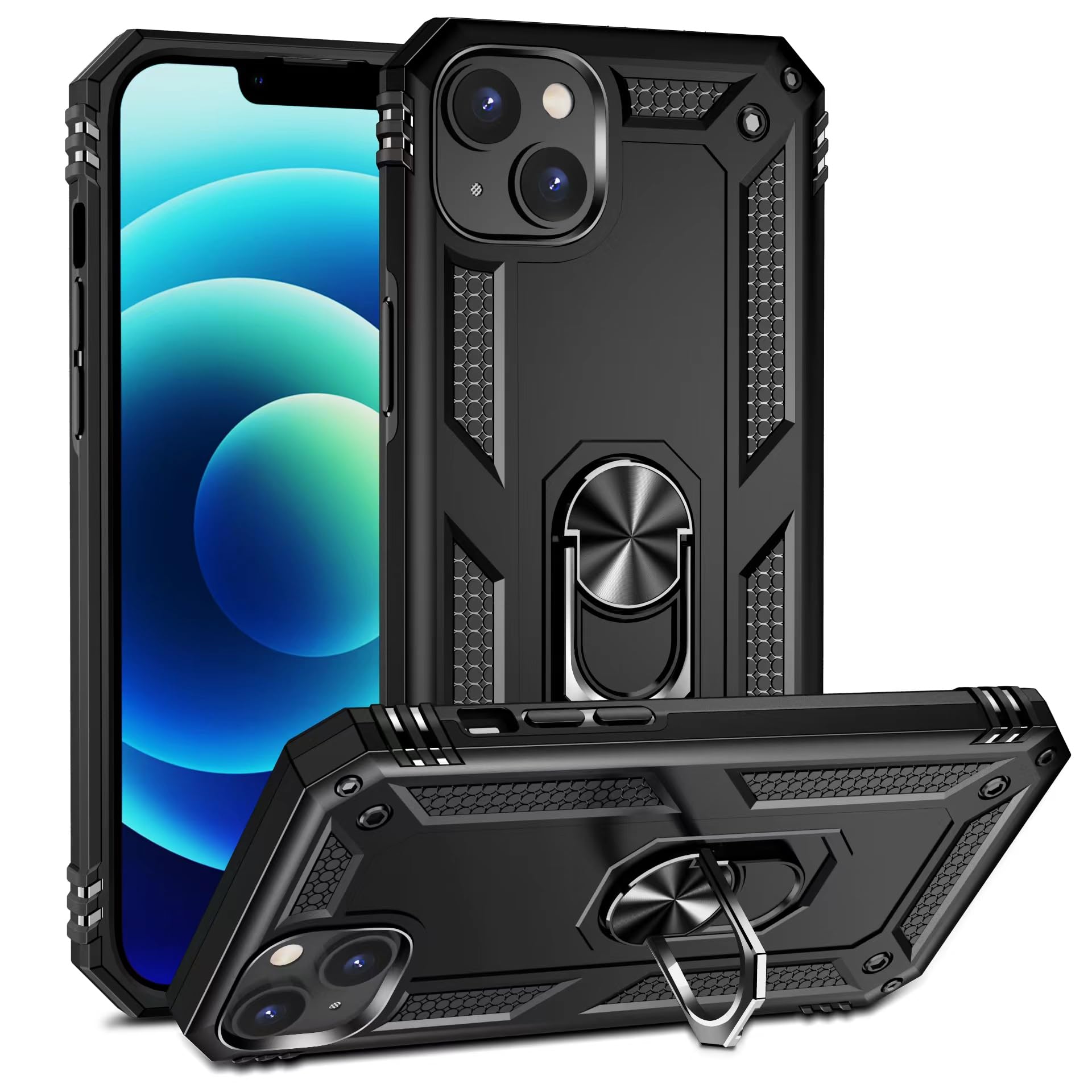 Fonetek Shockproof Protective Case for iPhone 15 with Ring Holder & Stand - Black | Durable Phone Cover for Everyday Use, Work & Travel