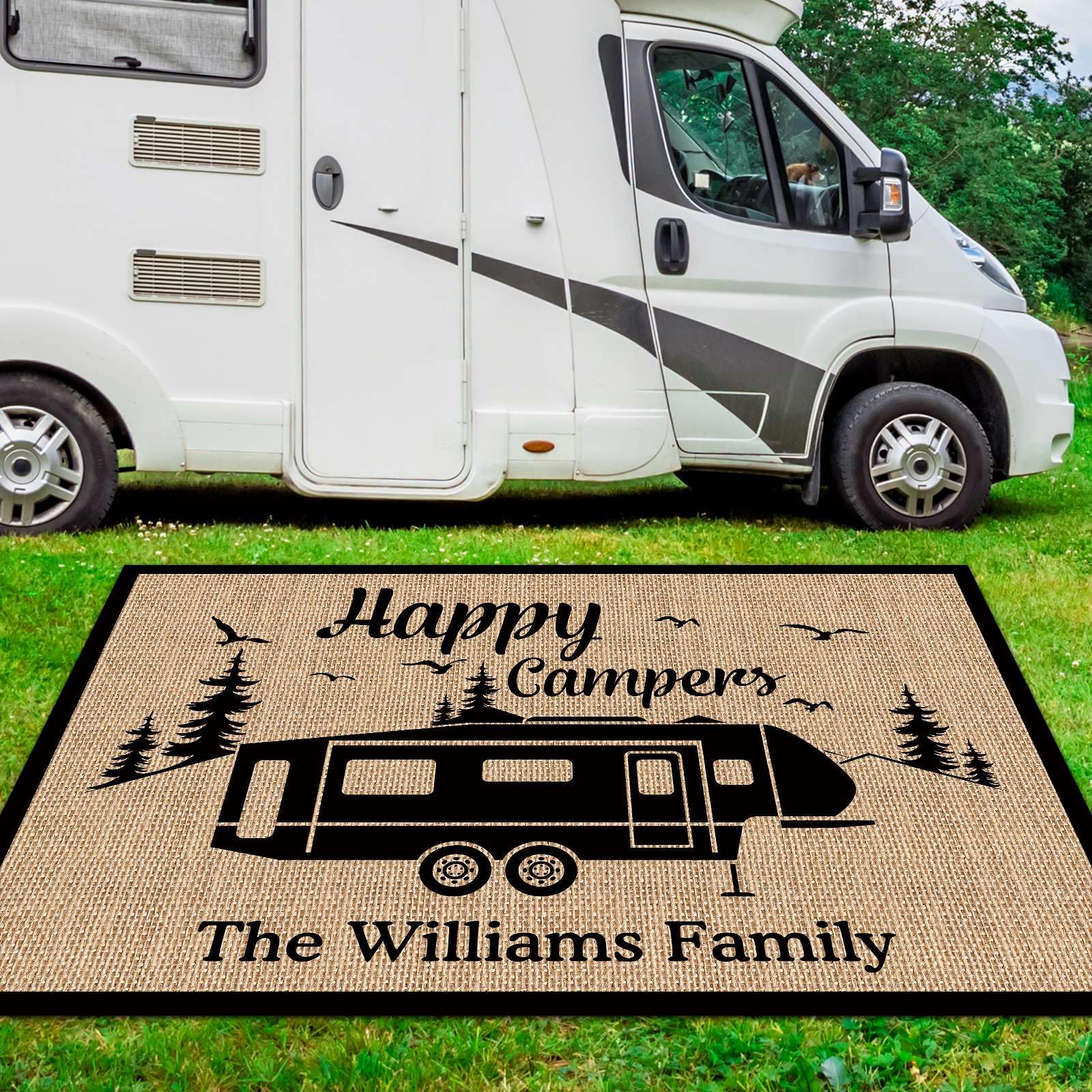 Custom RV Rug - Happy Campers Outdoor Camping Mat 48x72 Inch for Trailers, Patio & Floor - Waterproof Durable RV-13 Decor - Perfect for Camping Trips, Picnics & Outdoor Gatherings