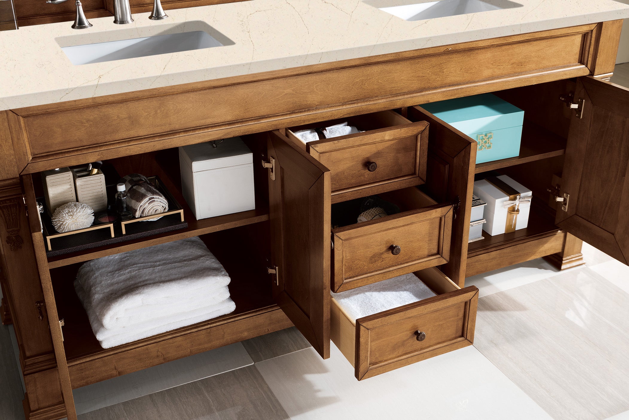 Brookfield 72 Inch Double Vanity with Country Oak Finish & 3CM Eternal Marfil Quartz Top – Perfect for Bathroom Remodeling and Modern Home Decor