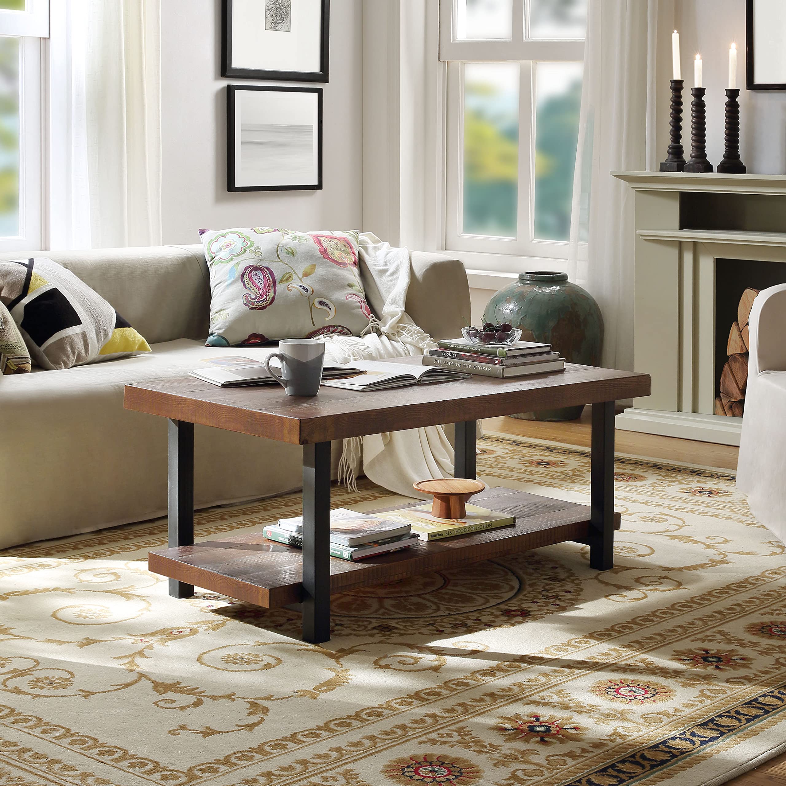 Solid Wood & Iron Frame Industrial Coffee Table with Open Shelf - Modern Sofa Table, End Table for Living Room, Office, and Lounge Decor