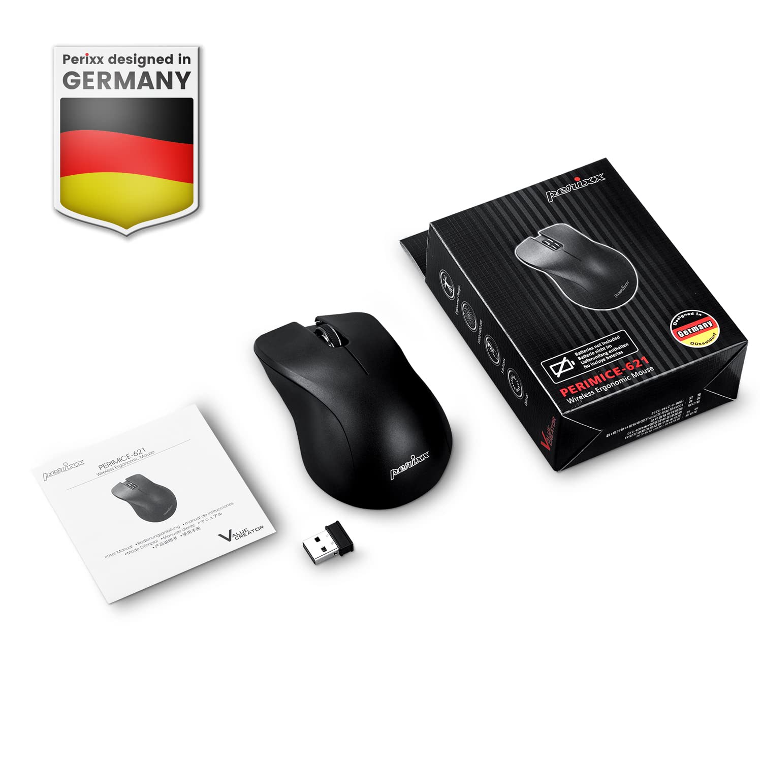 Perixx PERIMICE-621B Wireless Silent Mouse - Ergonomic Design, 2.4GHz USB Receiver for PC & Laptop - Black | Perfect for Office, Home & Quiet Workspaces