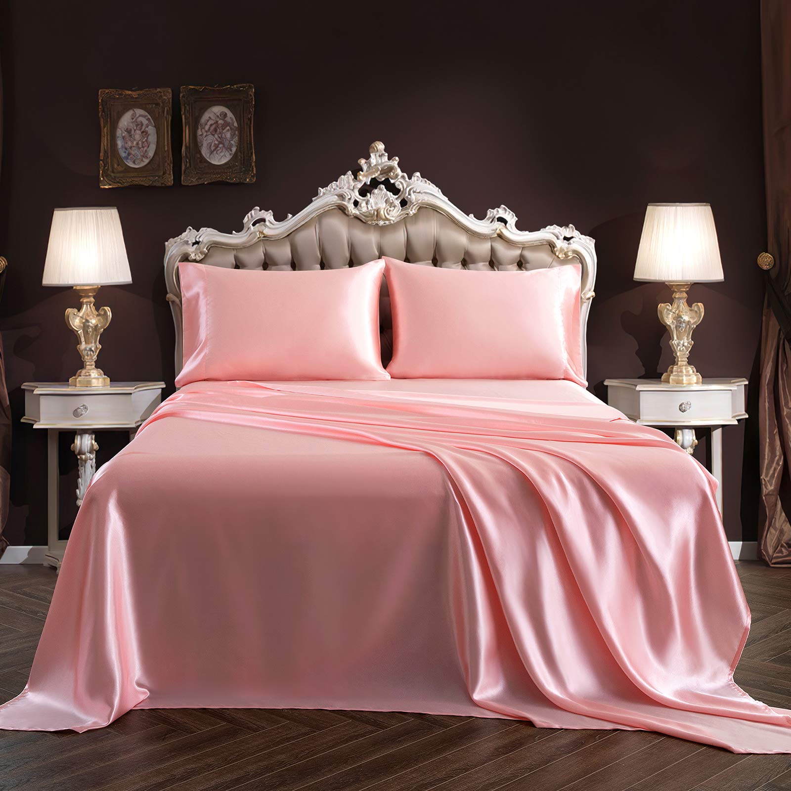 SiinvdaBZX 4PCS Queen Size Satin Sheet Set - Ultra Soft Blush Pink Deep Pocket Fitted Sheets (Fits 18-24