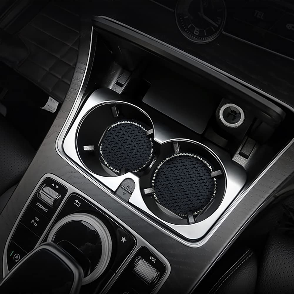 JEMAATX 2 Pack Bling Car Cup Coasters with Holder - Anti Slip Crystal Cup Mats for Women, 2.75 Inch Diameter, Black (JMT-4789) - Perfect for Car Interior Accessories & Drink Protection