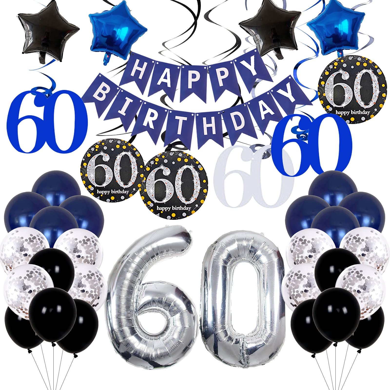 60th Birthday Party Decorations Set for Men & Women - Blue Happy Birthday Banner, Balloons & Party Supplies - Perfect for Milestone Celebrations, Retirement Parties & Anniversary Events