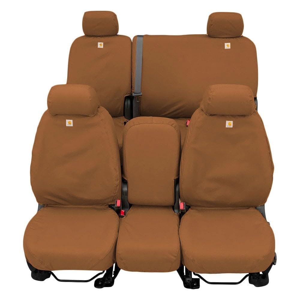 Covercraft Carhartt SeatSaver Custom Seat Covers for 2021-2025 Ford F-150 (Including Lightning) & 2023-2025 F-250/F-350/F-450 | 1st Row Bucket Seats | Durable Duck Weave Brown Fabric | Perfect for Work Trucks, Off-Roading & Daily Commute