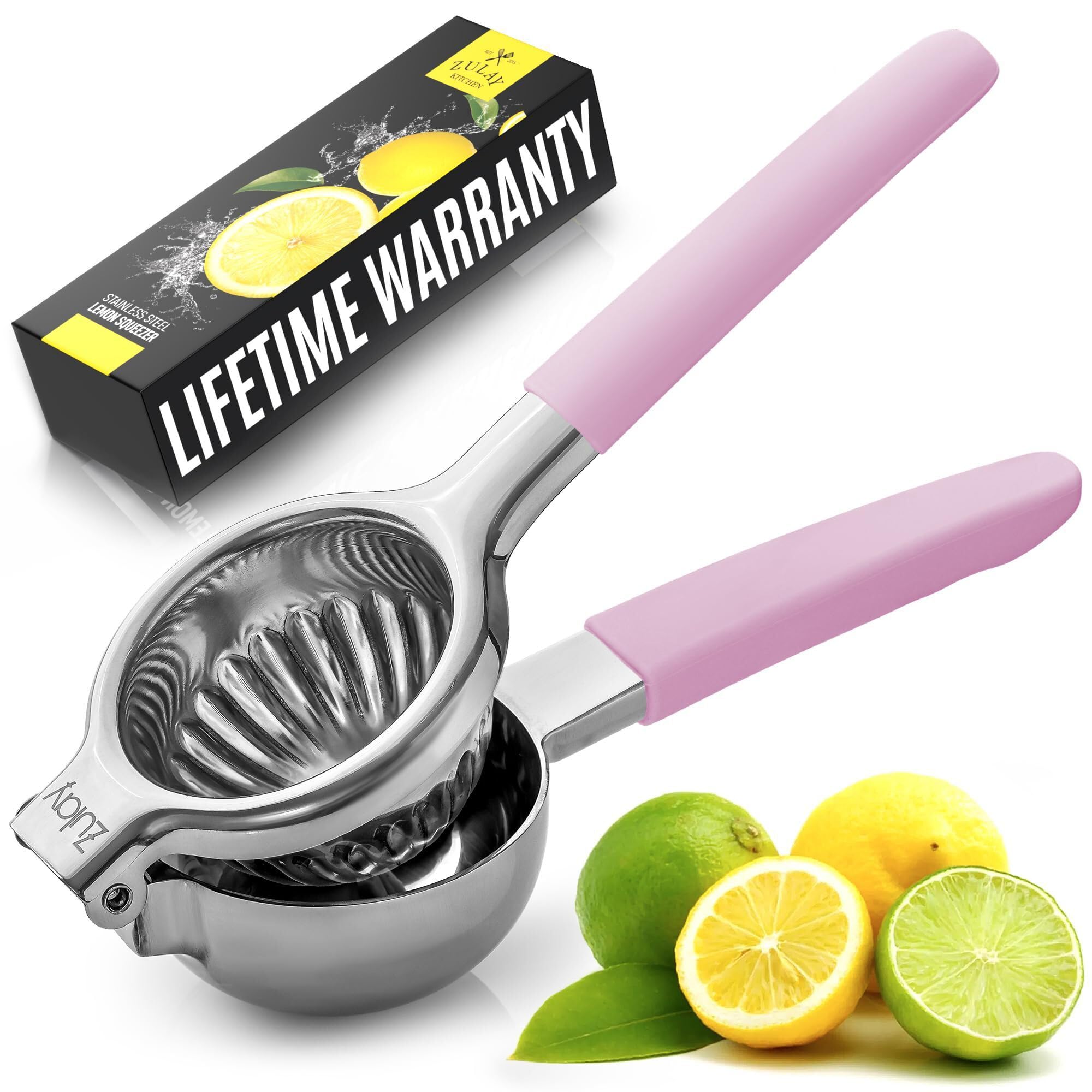 Premium Stainless Steel Lemon Squeezer - Heavy Duty Manual Citrus Press Juicer with Solid Metal Bowl & Food Grade Silicone Handles - Large Lime & Orange Squeezer (Pink) - Perfect for Fresh Juice Bars, Home Kitchens & Cocktail Making