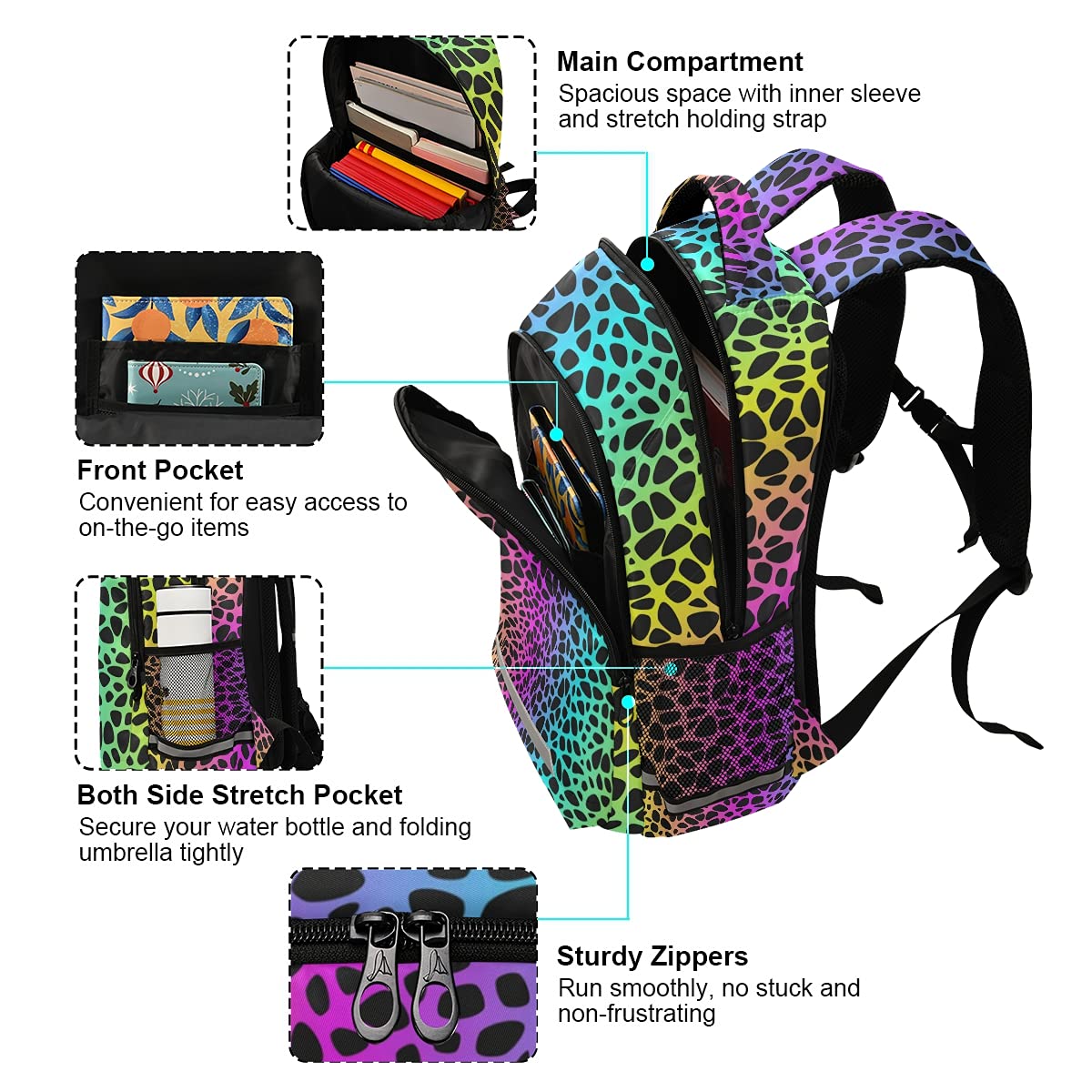 Rainbow Leopard Print Backpack for Kids & Teens - Lightweight School Backpack, Durable Travel Daypack for Boys & Girls - Perfect for School, College, Hiking & Daily Use