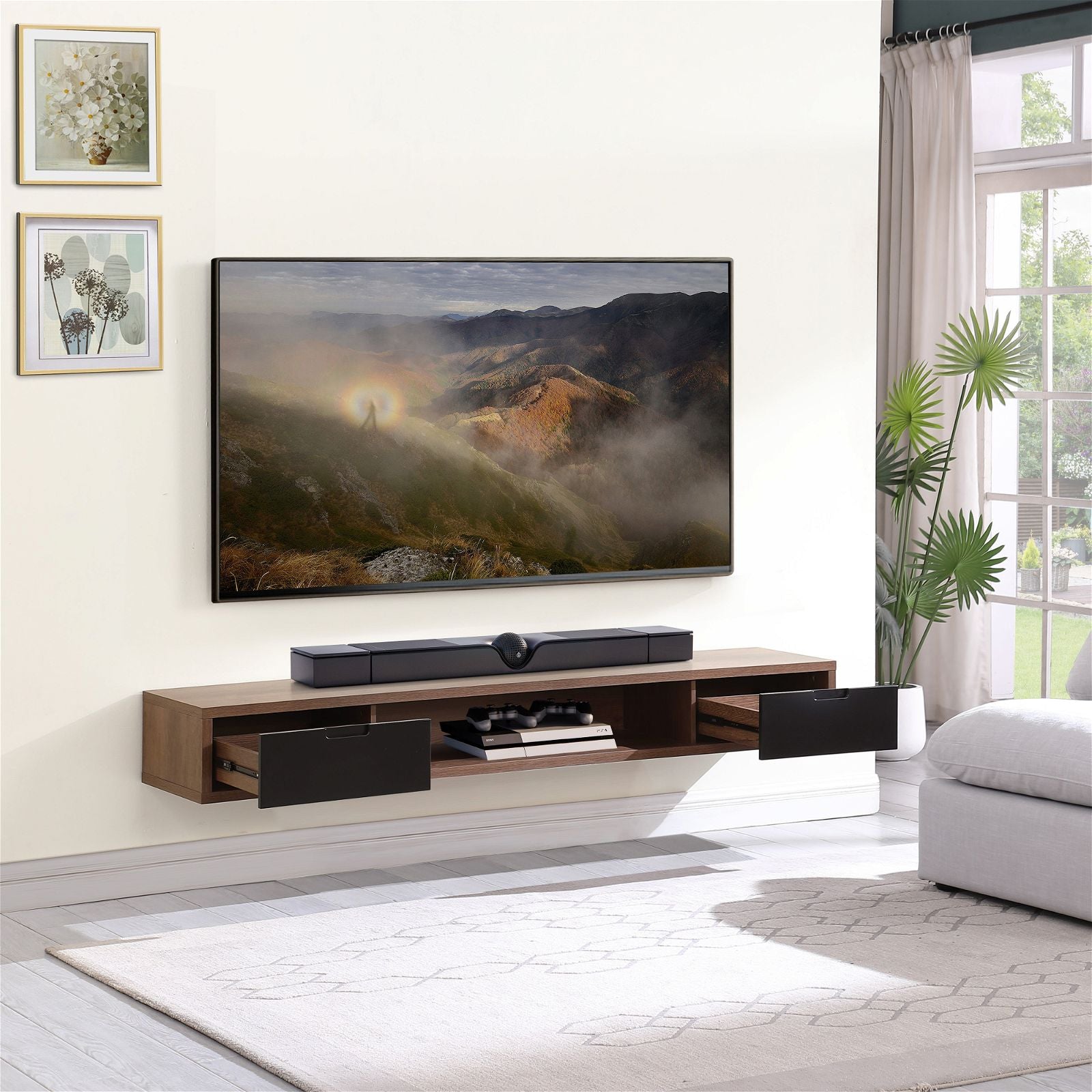 Criterion 2000mm Dark Oak Wall Mount TV Stand - Modern Air Entertainment Cabinet for Living Room, Bedroom & Home Theater