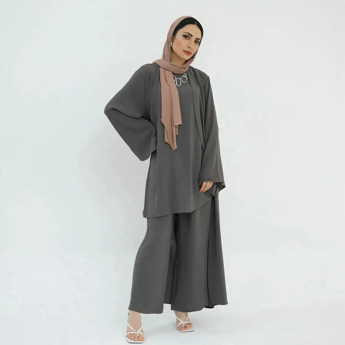 3-Piece Sleeveless Top & Pant Suit with Open Abaya Dress for Muslim Women - Modest Islamic Fashion for Prayer, Eid, Wedding & Special Occasions