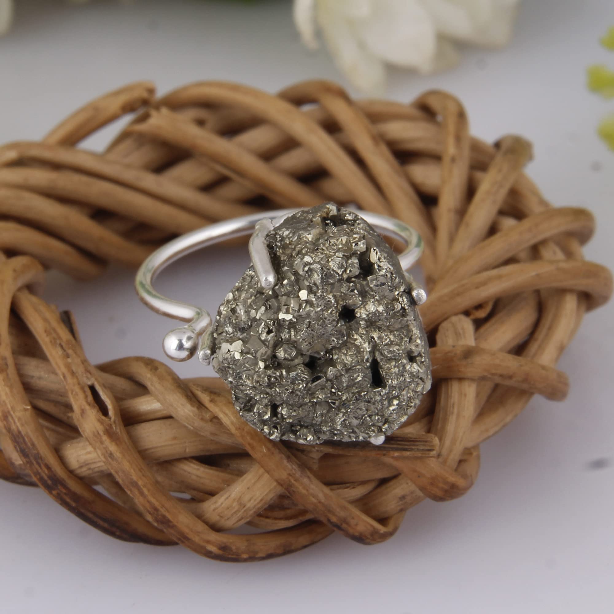 Natural Raw Pyrite Stacking Ring - Minimalist Boho Chic Rustic Jewelry for Women | Modern Adjustable Prong Ring Set of 5 | Perfect for Layering, Everyday Wear & Unique Gifts