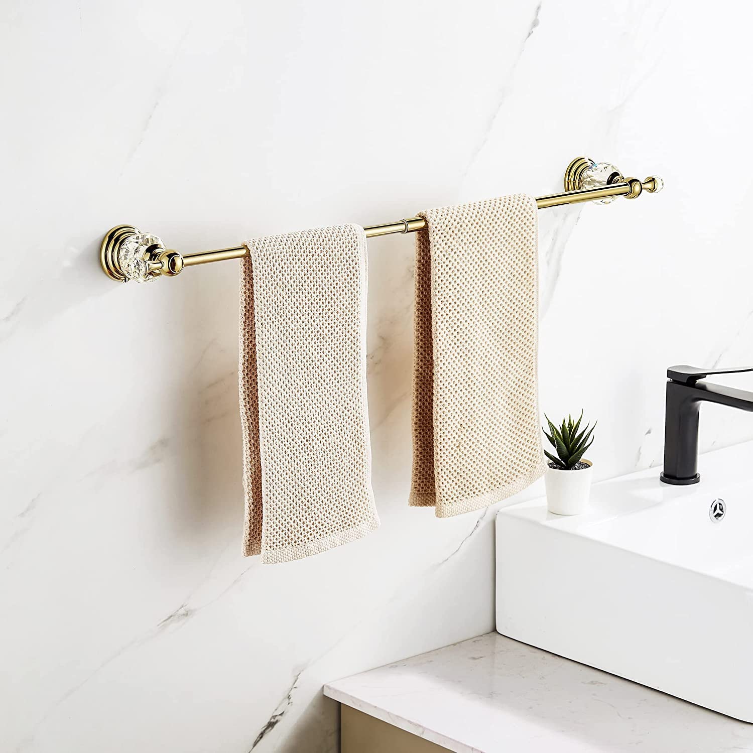 Leyden Crystal Bathroom Accessories Set - 4 Piece Gold Towel Bar, Toilet Paper Holder, Towel Ring & Coat Hooks with Crystal Ball Base | Elegant Wall Mounted Bathroom Hardware for Luxury Homes & Hotels | Perfect for Modern Bathroom Decor & Spa Style Upgrades