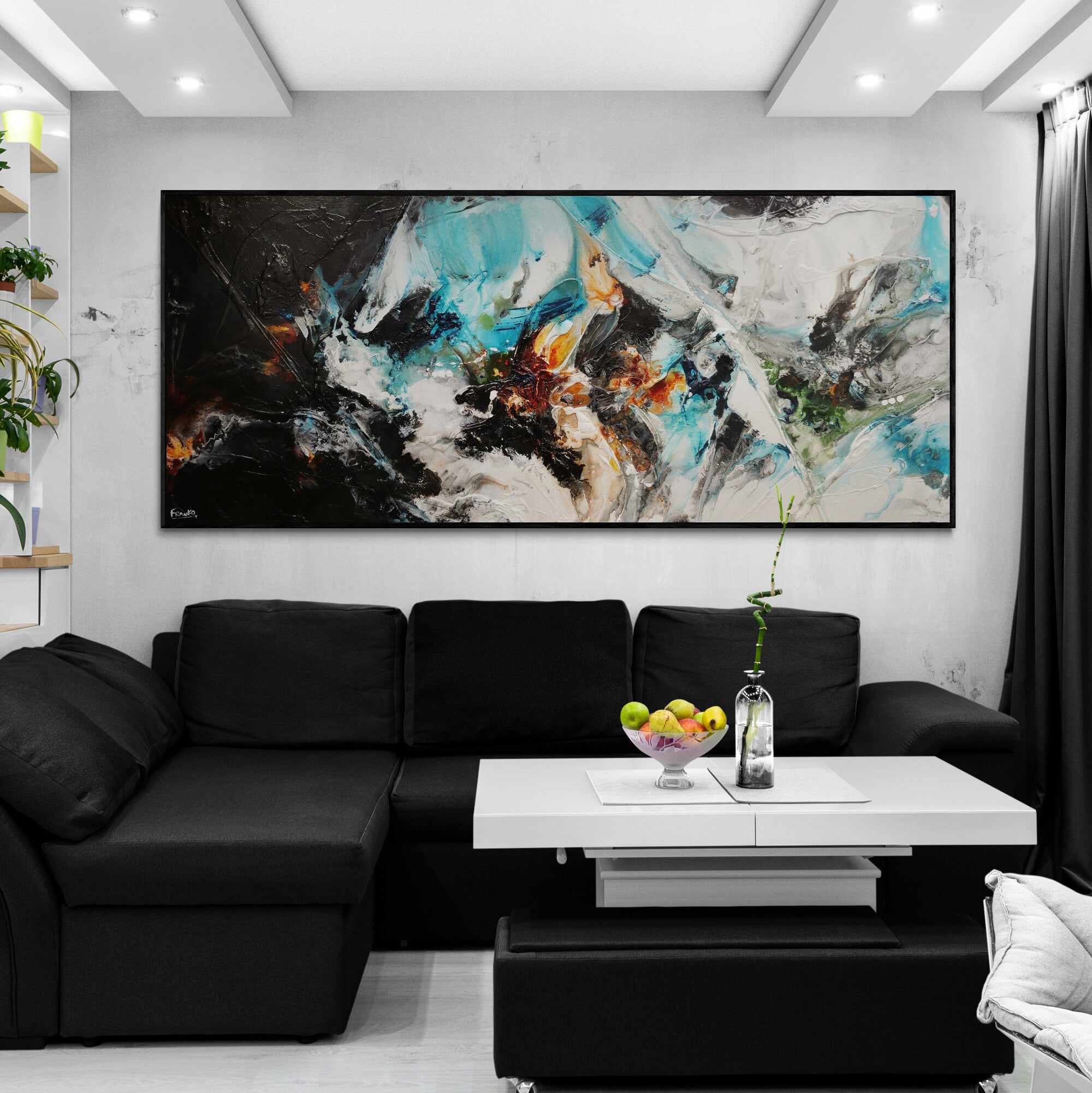 240cm x 100cm Teal Black White Textured Abstract Canvas Wall Art - Modern Home Decor for Living Room, Bedroom & Office | Large Contemporary Painting