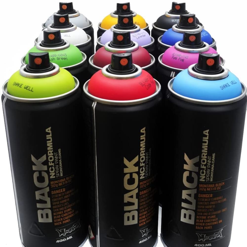 Montana BLACK 400ml Spray Paint Set - 12 Popular Colors for Graffiti, Street Art & Murals | Perfect for Urban Art, DIY Projects & Outdoor Wall Painting