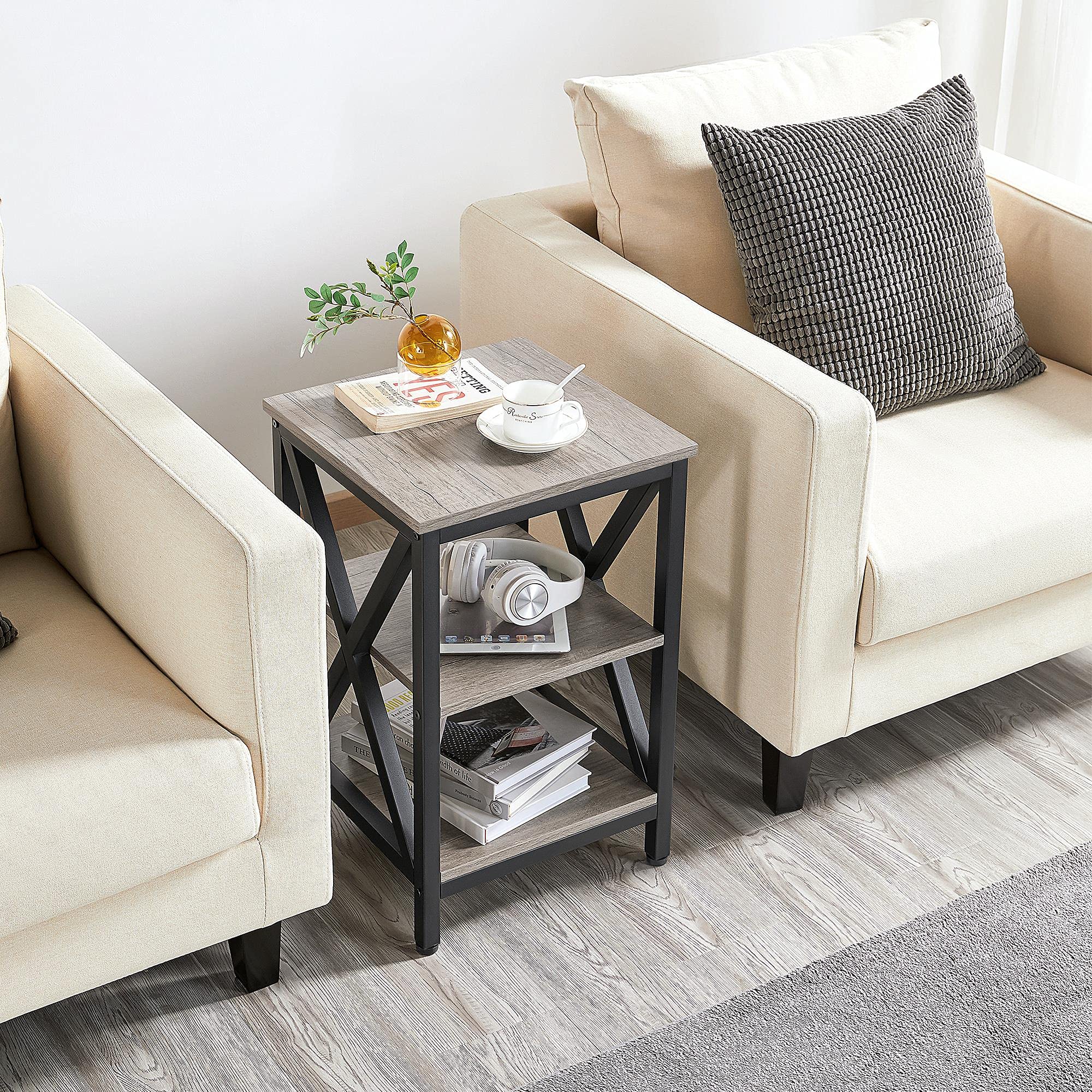 Topeakmart 3-Tier Industrial End Table with Storage Shelves - Wood Look Accent Side Table for Living Room, Bedroom, Office - Gray Finish Modern Sofa Table for Small Spaces & Home Decor