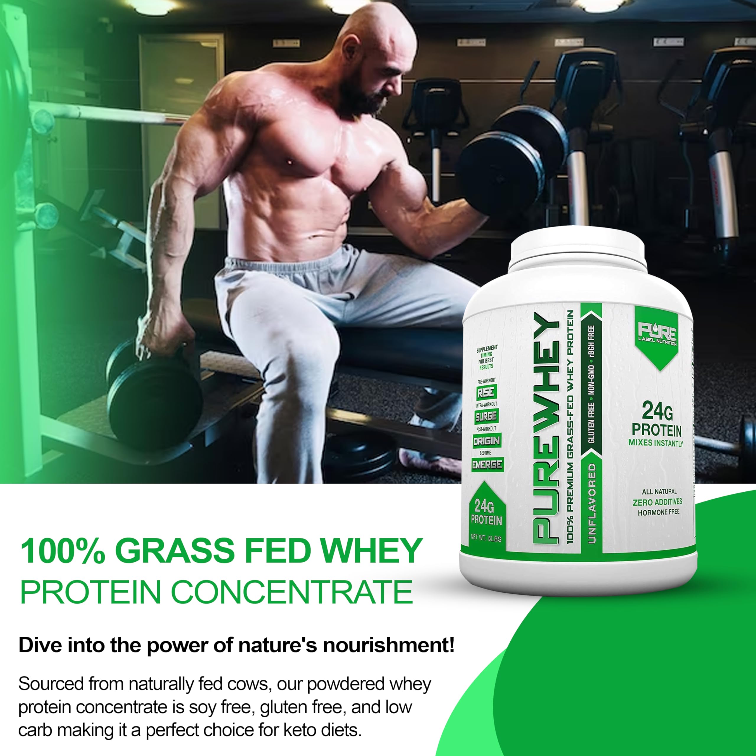 100% Grass-Fed Whey Protein Powder Concentrate - Unflavored, 24g Protein per Serving with Essential Amino Acids | Low Fat & Low Carb for Muscle Building & Workout Recovery | Pre & Post Workout Supplement | Ideal for Gym, Fitness & Bodybuilding - 5lbs Bag