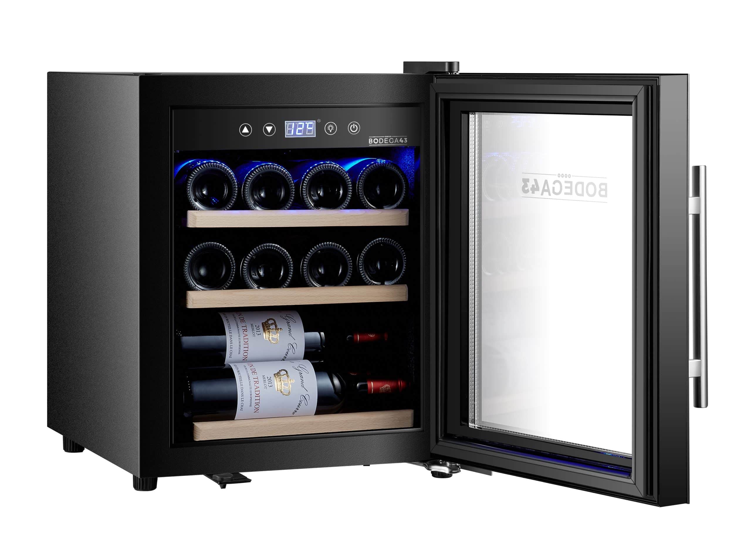 BODEGA43-12C 12 Bottle Wine Cooler Refrigerator - 33L Capacity, 5-20°C Temperature Range, Single Zone, Ultra Quiet 41dB, Compressor Cooling System with 3 Beechwood Shelves - Perfect for Home Bars, Kitchen Countertops, and Small Spaces