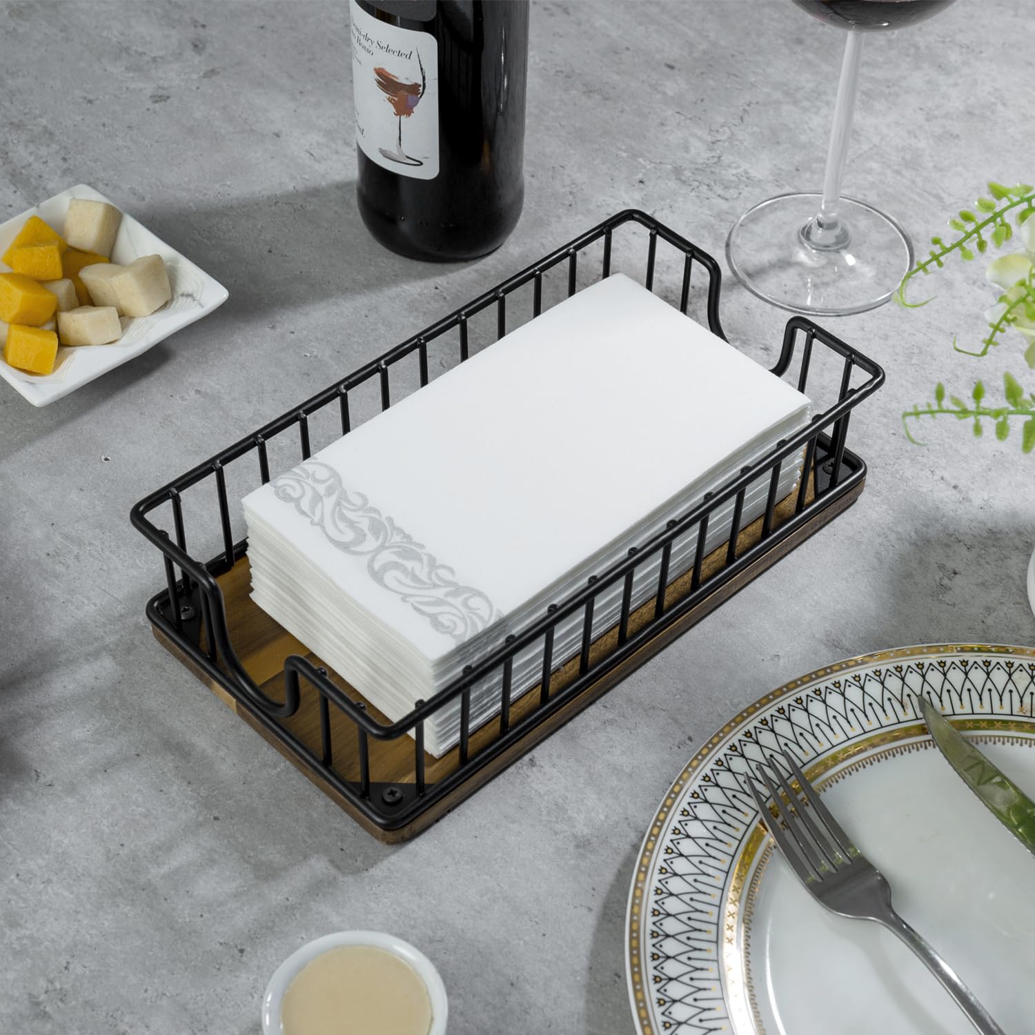 Premium Acacia Wood & Matte Black Metal Wire Foldable Paper Towel Holder - Commercial Grade Napkin Dispenser for Kitchen Countertop, Restaurant, Guest Bathroom & Office Use