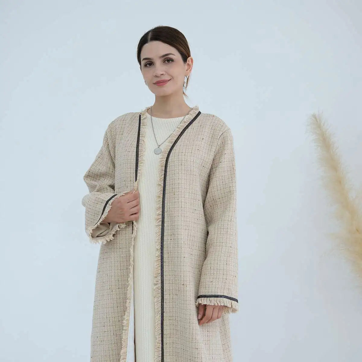 Winter Fall Thick Tassel Tweed Cardigan Open Abaya Coat - Women's Fashion Outerwear for Cold Weather, Layering & Modest Style