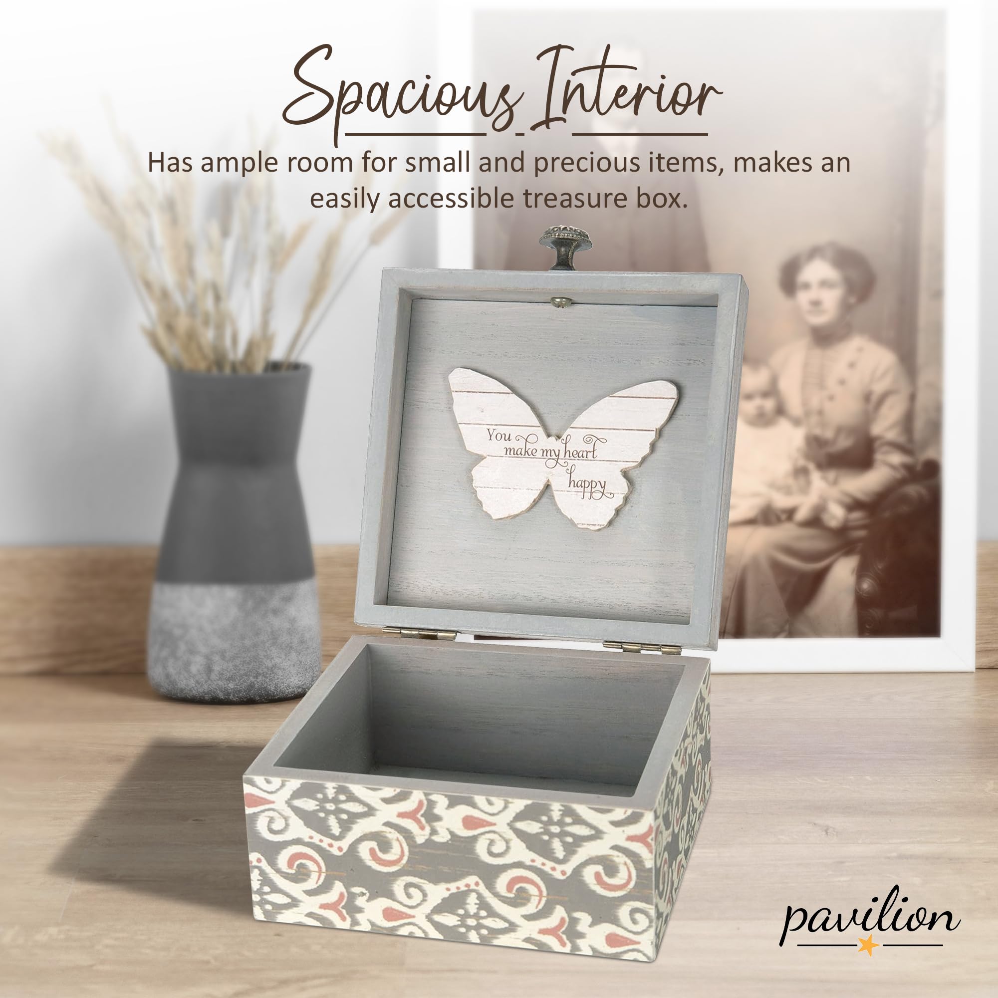 Pavilion 'Simple Spirits Butterfly' 41102 - Wooden Hinged Keepsake Box with Elegant Pattern & Printed Message - Perfect Gift for Friends & Loved Ones - Jewelry Organizer, Cosmetic Storage & Trinket Holder for Bedroom, Bathroom & Dresser Decor