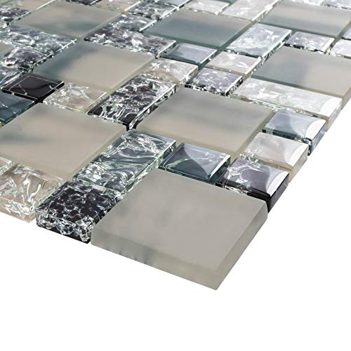 Black and Blue Crackle Square & Brick Glass Mosaic Tiles for Bathroom Shower Walls, Kitchen Backsplashes - Waterproof Peel-and-Stick DIY Home Decor for Bath, Pool, Spa & Fireplace Accents