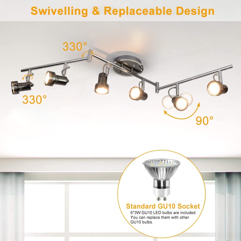 DLLT Modern 6-Light LED Track Lighting Fixture - Adjustable Directional Ceiling Spotlight for Kitchen, Living Room, Dining Room & Office - Flush Mount Foldable Rail System with Rotatable Heads & Swing Arms - Perfect for Task Lighting and Accent Illumination