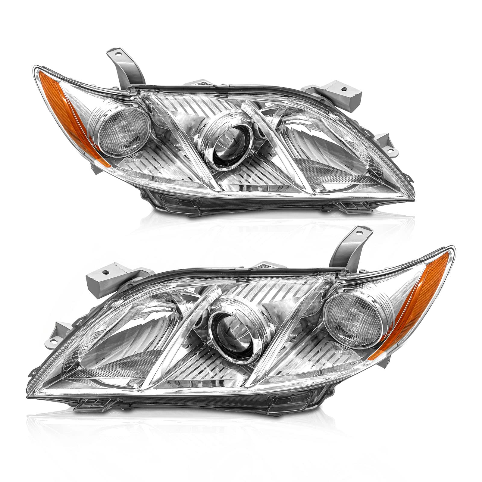 2007-2009 Toyota Camry Headlight Assembly Pair - Chrome Housing with Amber Reflector & Clear Lens - Left & Right Replacement - Perfect for Night Driving & Foggy Conditions