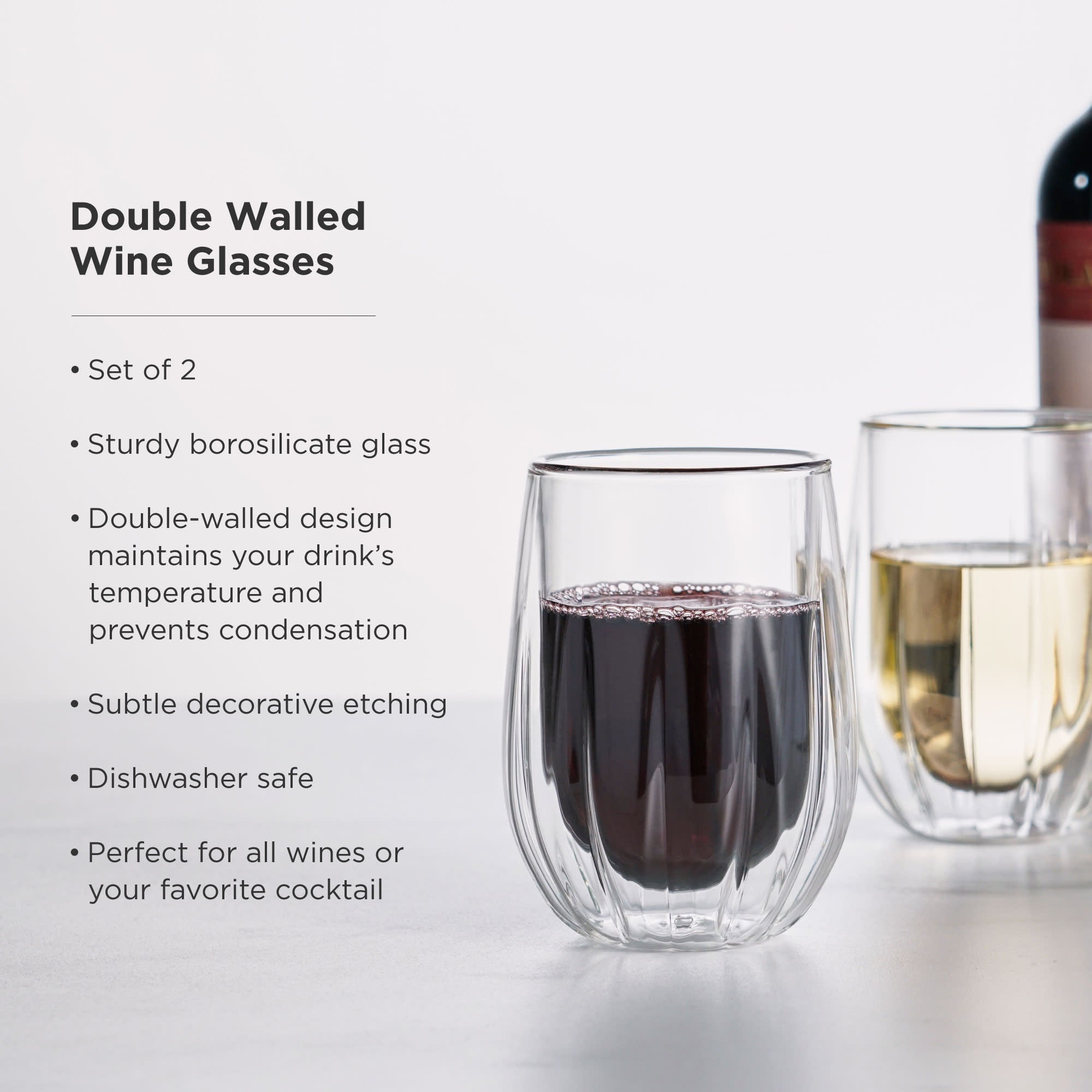 Premium Double Walled Stemless Wine Glasses Set of 2 - Shatterproof & Elegant for Red/White Wine, Cocktails - Perfect for Dinner Parties, Romantic Dates & Outdoor Picnics