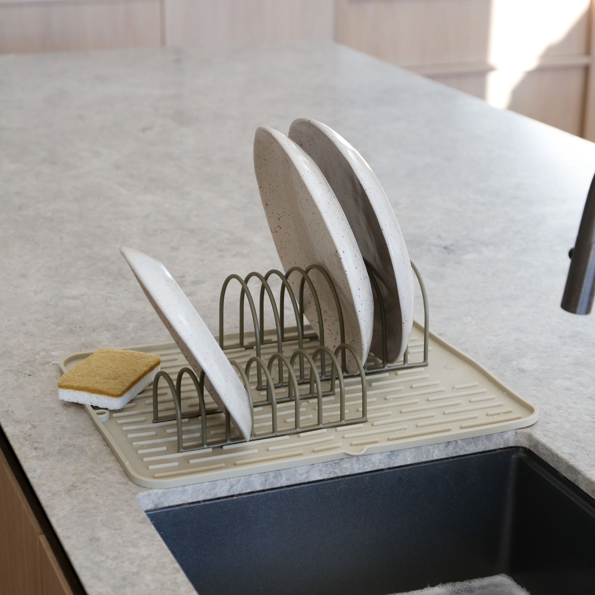 DESIGNSTUFF Dish Drainer Set of 2 - Khaki Color Kitchen Countertop Drying Rack for Plates, Bowls & Utensils | Space-Saving Dishware Organizer for Small Kitchens & Apartments