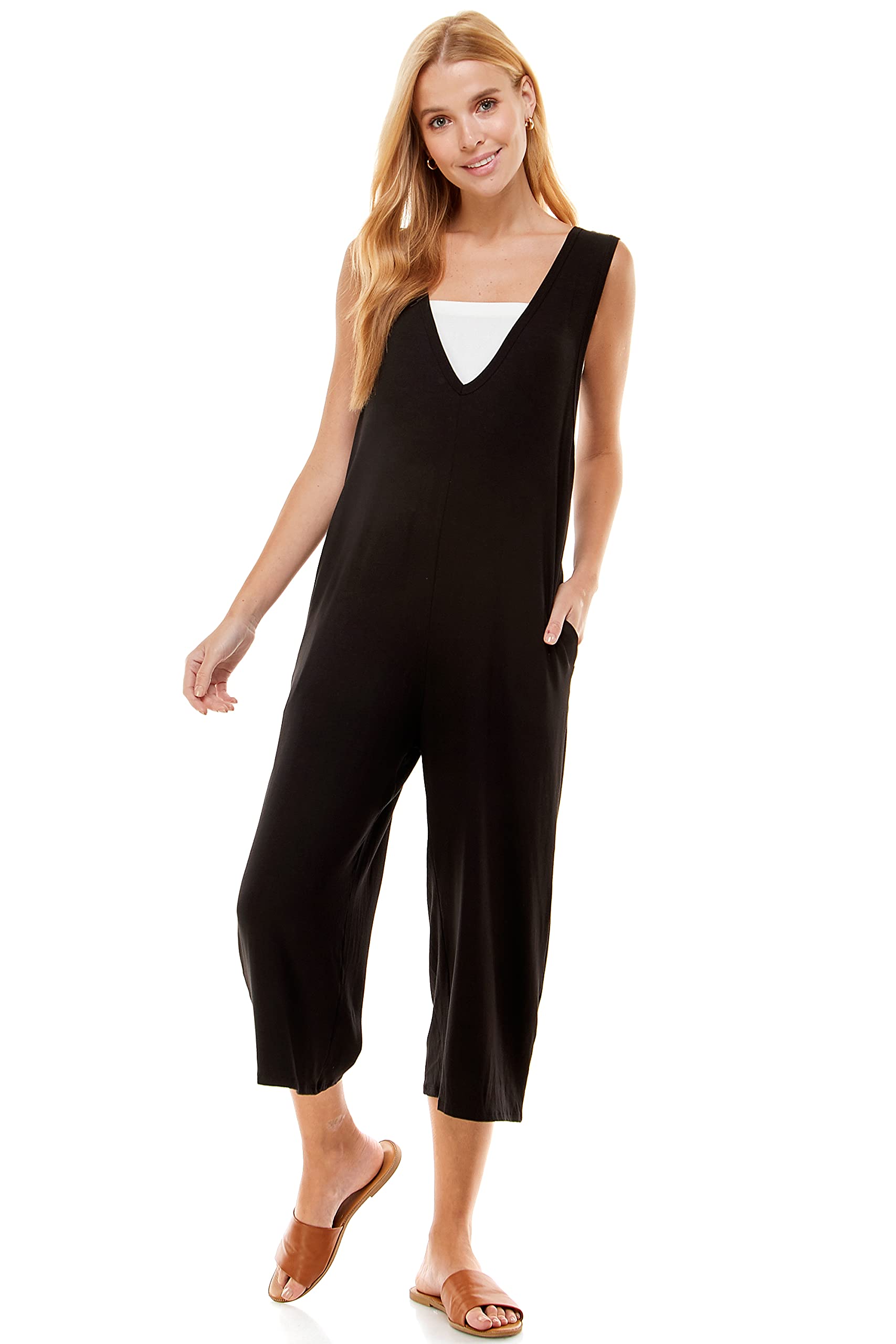 Women's Loose Fit Sleeveless Jumpsuit with Pockets - Casual Capri Romper for Summer, Maternity & Everyday Wear | Perfect for Beach, Travel & Relaxation