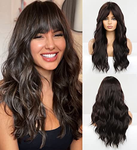 Dark Brown Wavy Wig with Blunt Bangs - Natural Looking Synthetic Hairpiece for Women | Perfect for Cosplay, Halloween Costumes & Daily Fashion Styling