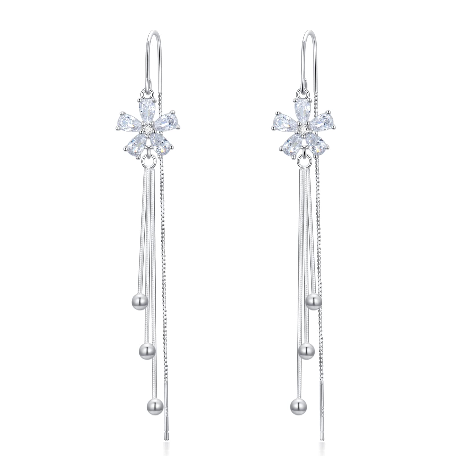 Sterling Silver Threader Earrings with Cubic Zirconia - Elegant Flower, Star, Heart & Butterfly Charms | Long Dangle Drop Earrings for Women & Girls | Perfect for Parties, Weddings & Everyday Wear
