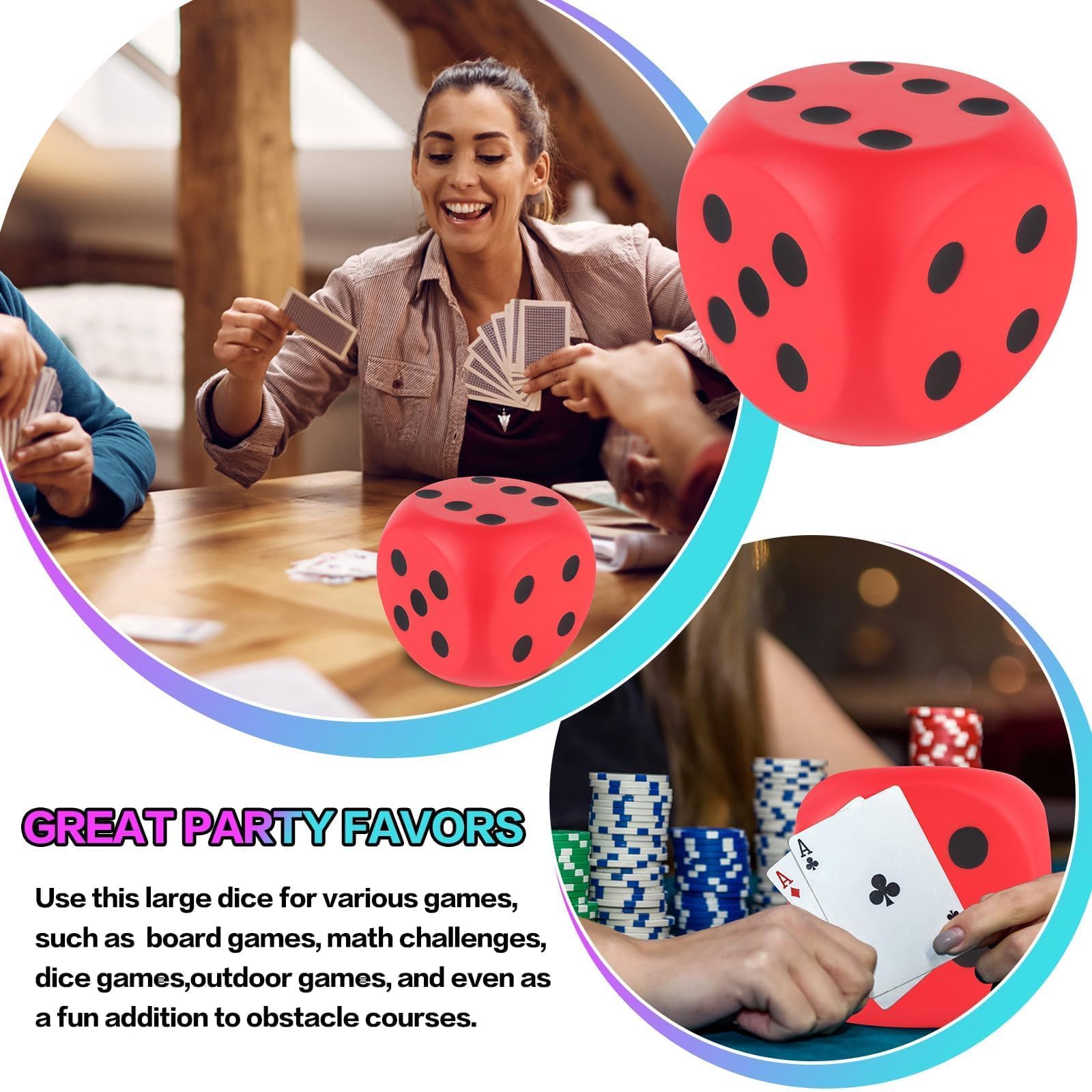 Anboor 5.9 Inch Large Foam Dice Squishies - Jumbo Squeeze Stress Relief Toys, Giant Dice Game Collection for Kids & Adults, Decorative Props for Parties & Home Decor (Red) - Perfect for Stress Relief, Classroom Rewards, and Game Night Fun