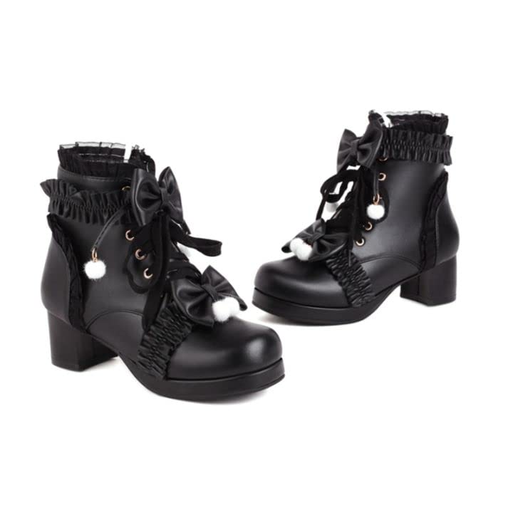 MEOTINA Women's Chunky Mid Heel Platform Ankle Boots with Lace & Zipper - Kawaii Bow Winter Shoes for Women | Fashion Casual & Office Wear | Perfect for Winter Outfits, Date Nights & Holiday Parties