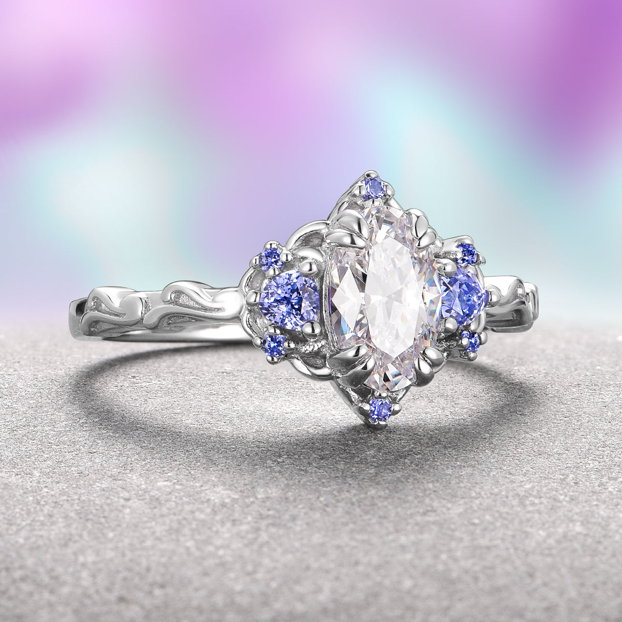 14K White Gold Moissanite & Tanzanite Engagement Ring for Women - Elegant Wedding Band, Anniversary Gift, Promise Ring for Her