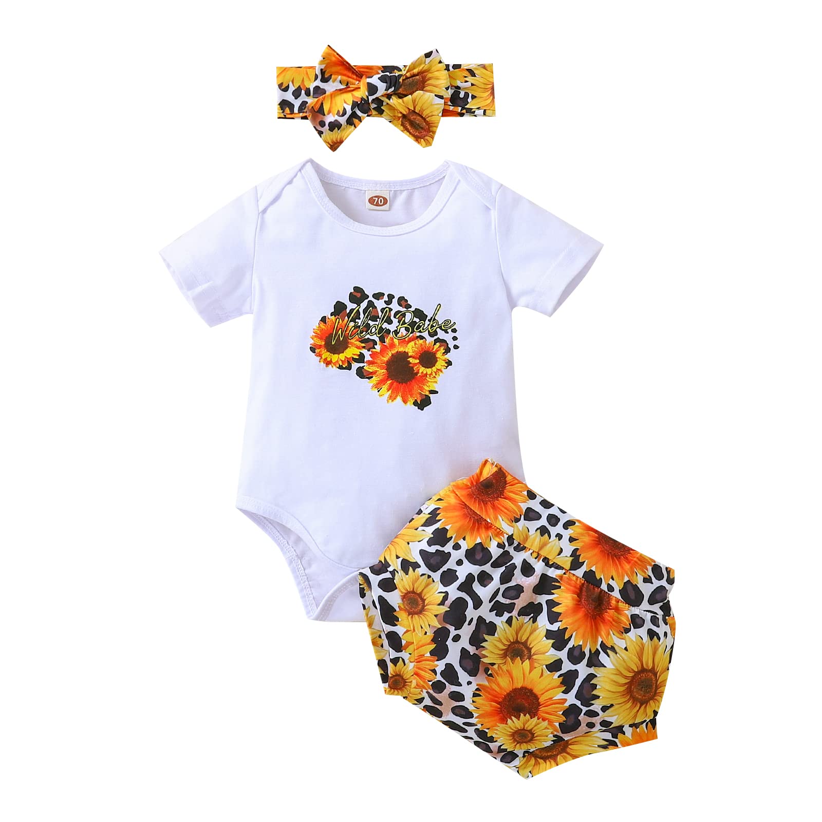 Adorable Baby Girl's Cartoon Short Sleeve Romper & Sunflower Shorts Set with Headband - Perfect for Summer Outfits, Playdates, and Photoshoots