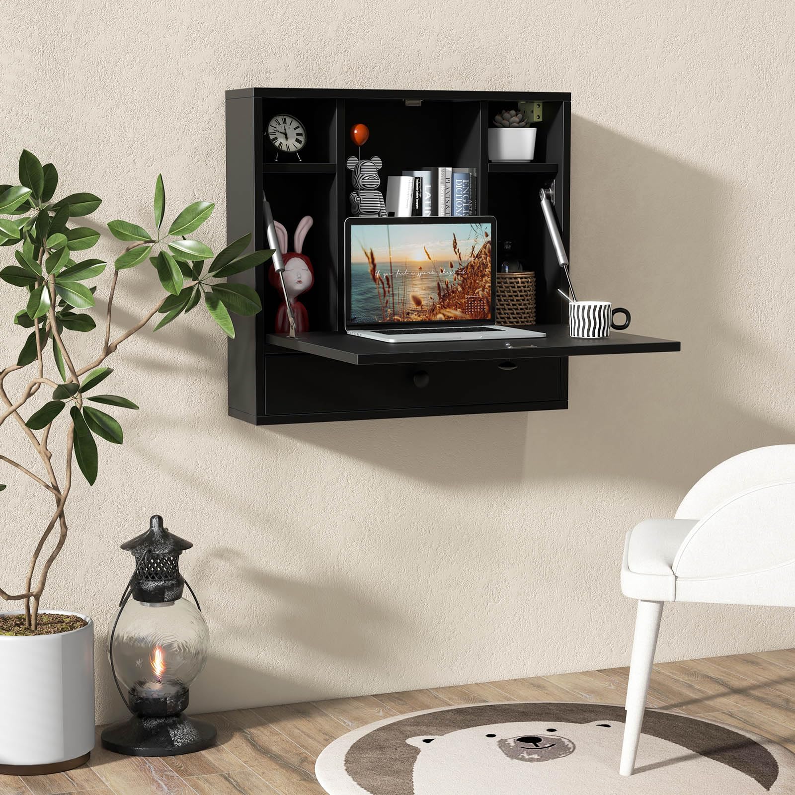 Tangkula Wall Mounted Folding Desk - Space Saving Floating Laptop Table with Storage Drawer & Shelves for Home Office (Black) - Perfect for Small Spaces, Dorm Rooms & Studio Apartments
