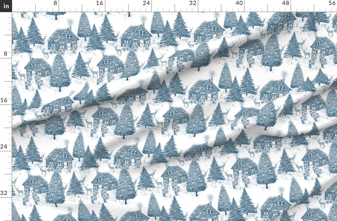 Christmas Village Toile Fabric - White & Blue Deer Snow Print on Organic Cotton Sateen by The Yard | Perfect for Sewing, Quilting, Apparel & Home Decor | Holiday Tablecloths, Curtains & DIY Christmas Crafts