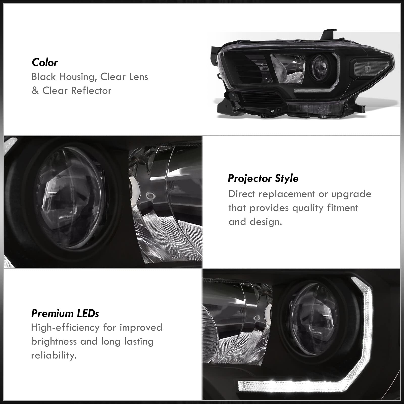 AJP Distributors Black Housing Clear Lens LED Projector Headlights with DRL Strip - Compatible with Toyota Tacoma 2016-2023 Models | High Visibility Driving Lights for Night & Off-Road Use