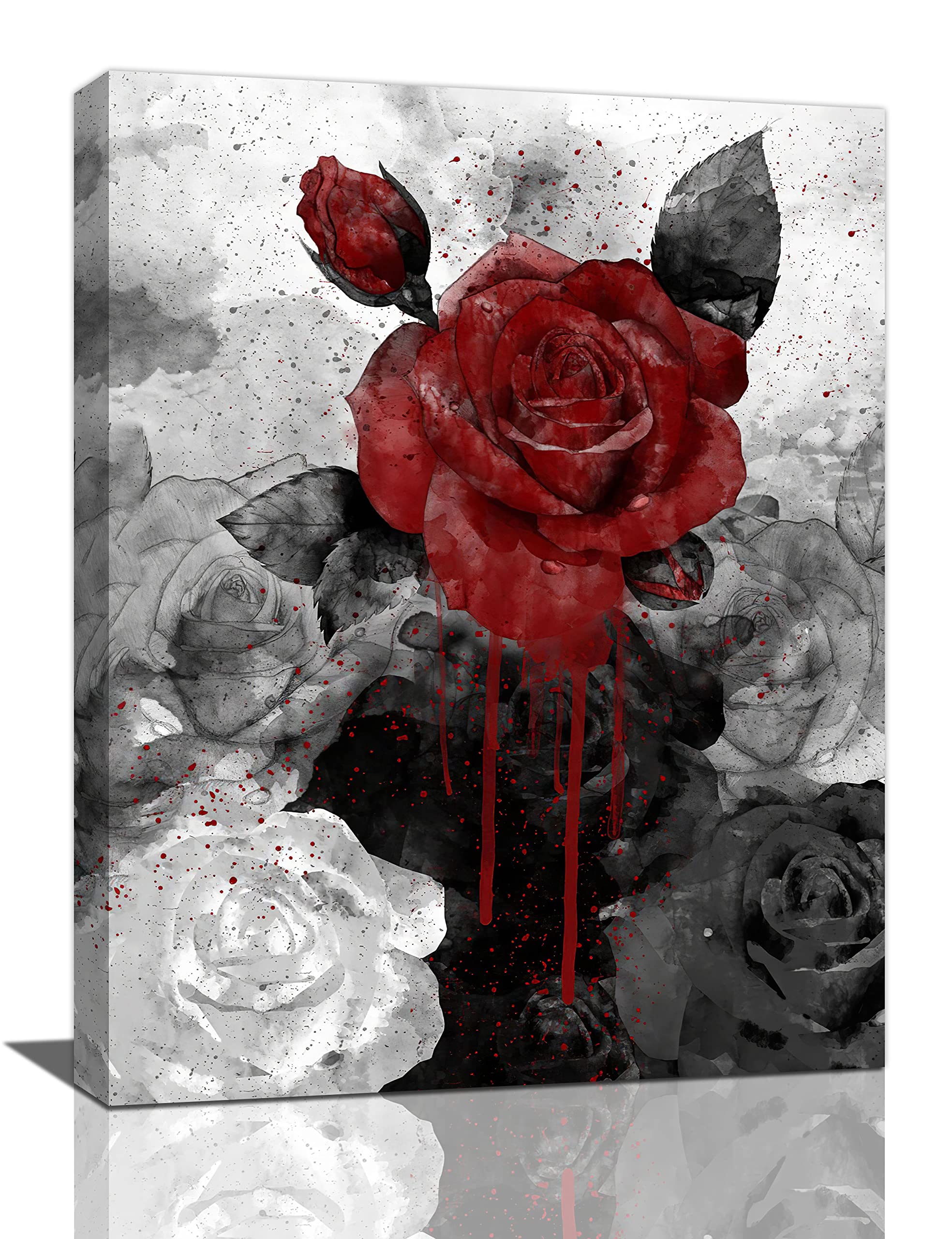 Vintage Rose Canvas Wall Art - Retro Black White Red Rose Flower Ink Painting Print - Modern Floral Wall Decor Poster Framed 16