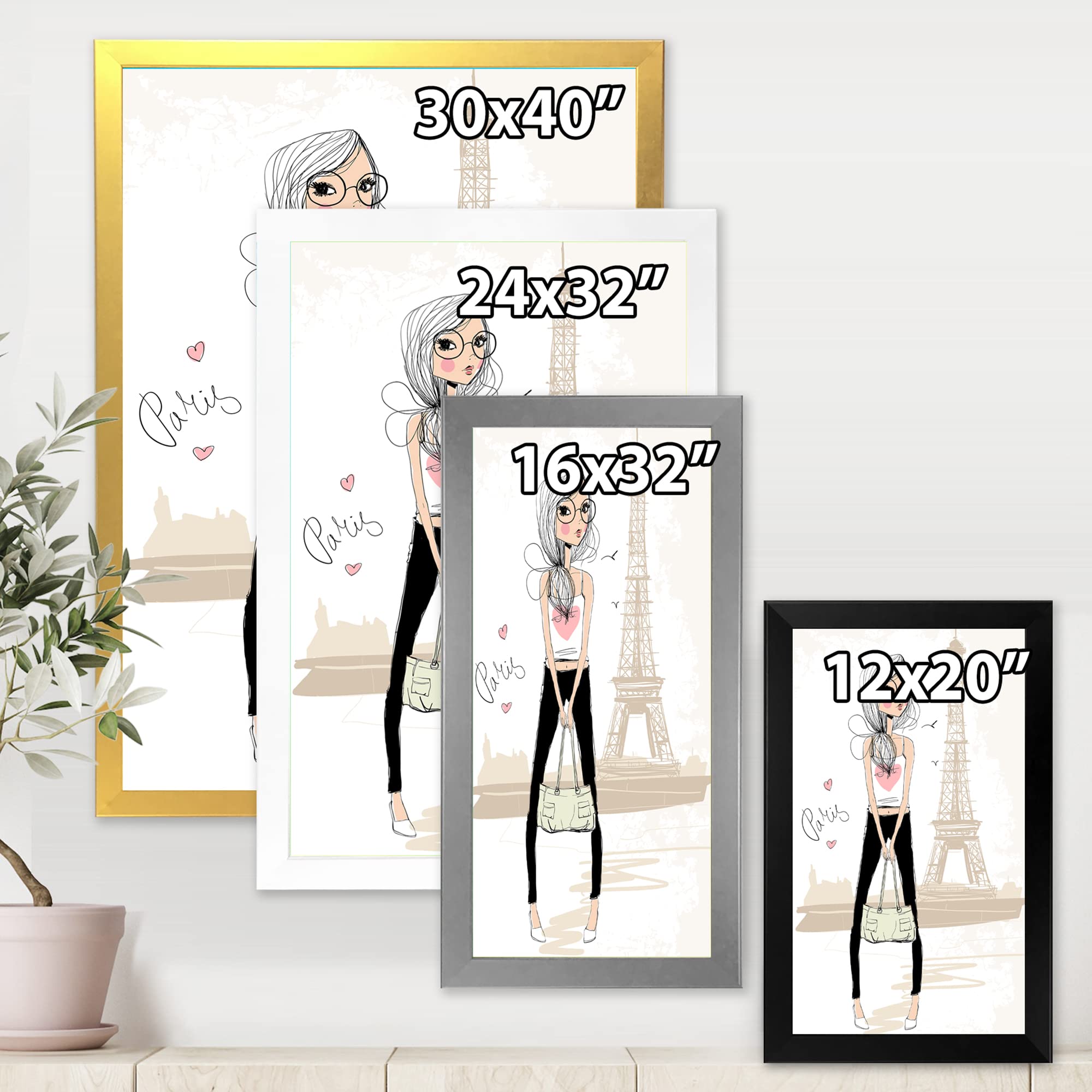 DesignQ Cute Girl at Eiffel Tower Paris - Children's Art Framed Wall Decor for Nursery, Bedroom & Playroom - French Themed Kids Room Artwork