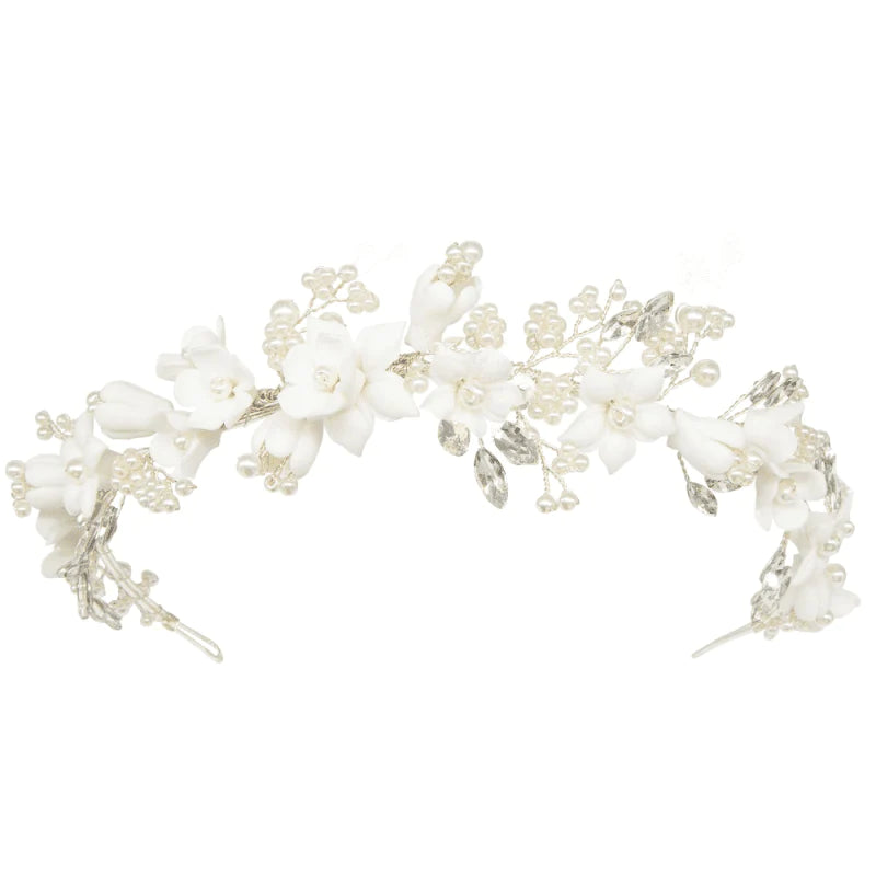 Elegant Silver Floral Wedding Headband with Swarovski Crystals & Freshwater Pearls - Bridal Hair Accessory for Weddings, Prom, Quinceañera & Special Occasions
