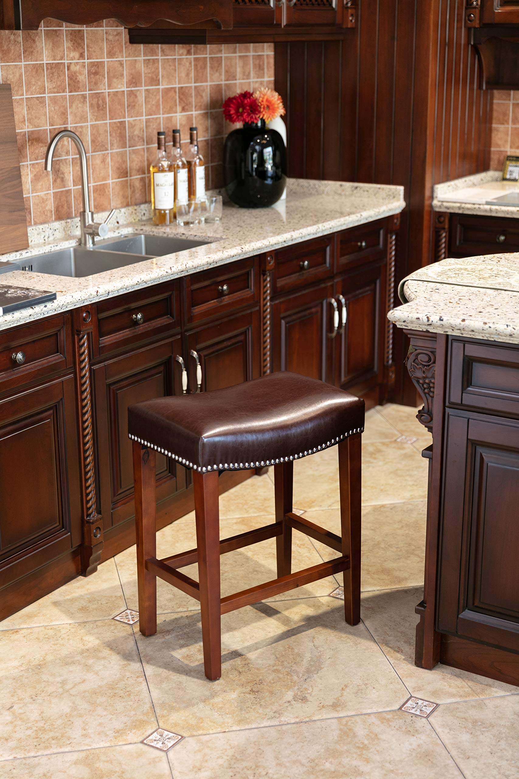 Premium Leather Bar Stool Set of 2 - Blue, White & Brown (Brown) - Perfect for Kitchen Islands, Home Bars & Modern Dining Areas