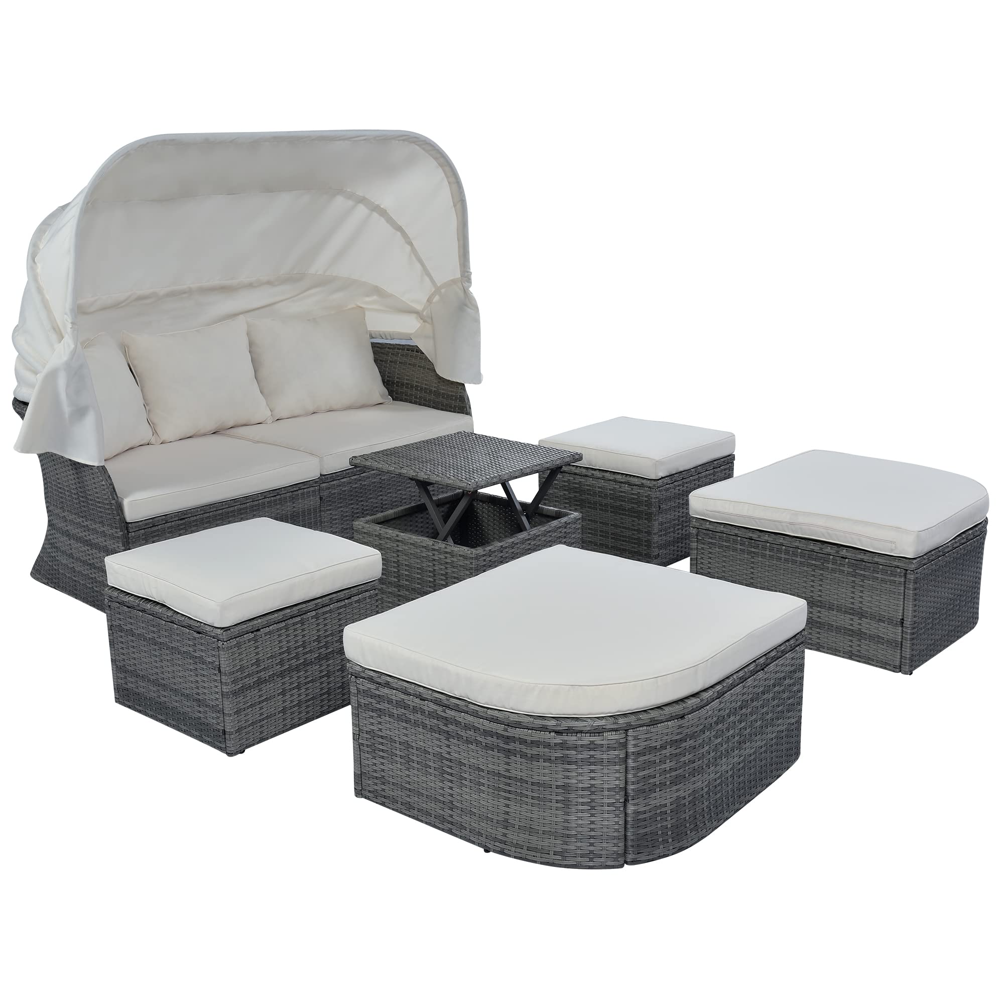 Outdoor Round Sunbed with Retractable Canopy, Coffee Table & Cushions - All-Weather Patio Furniture Set, Wicker Sectional Sofa Conversation Set for Backyard, Poolside or Garden (Beige & Blue Gray)