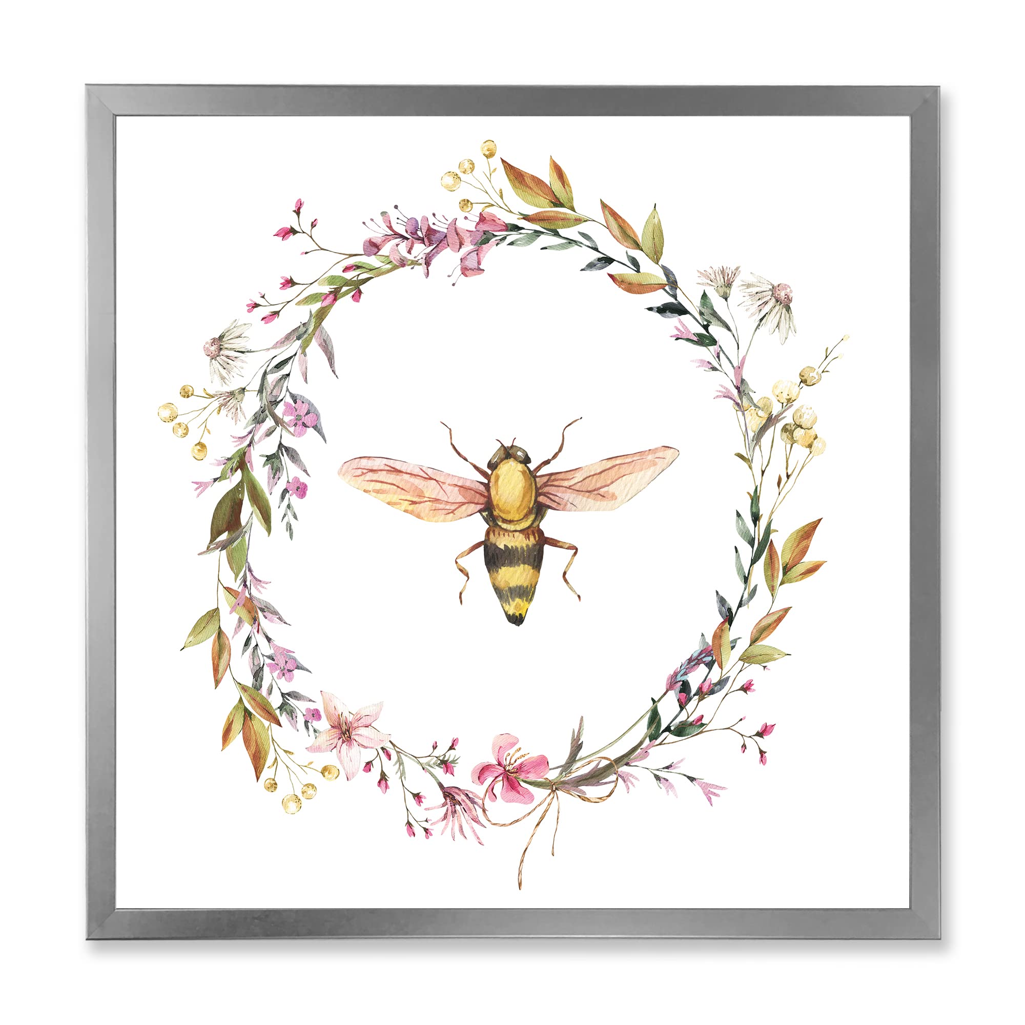 Bee in Wildflowers Wreath - Farmhouse Style Framed Wall Art Decor for Living Room, Bedroom & Kitchen